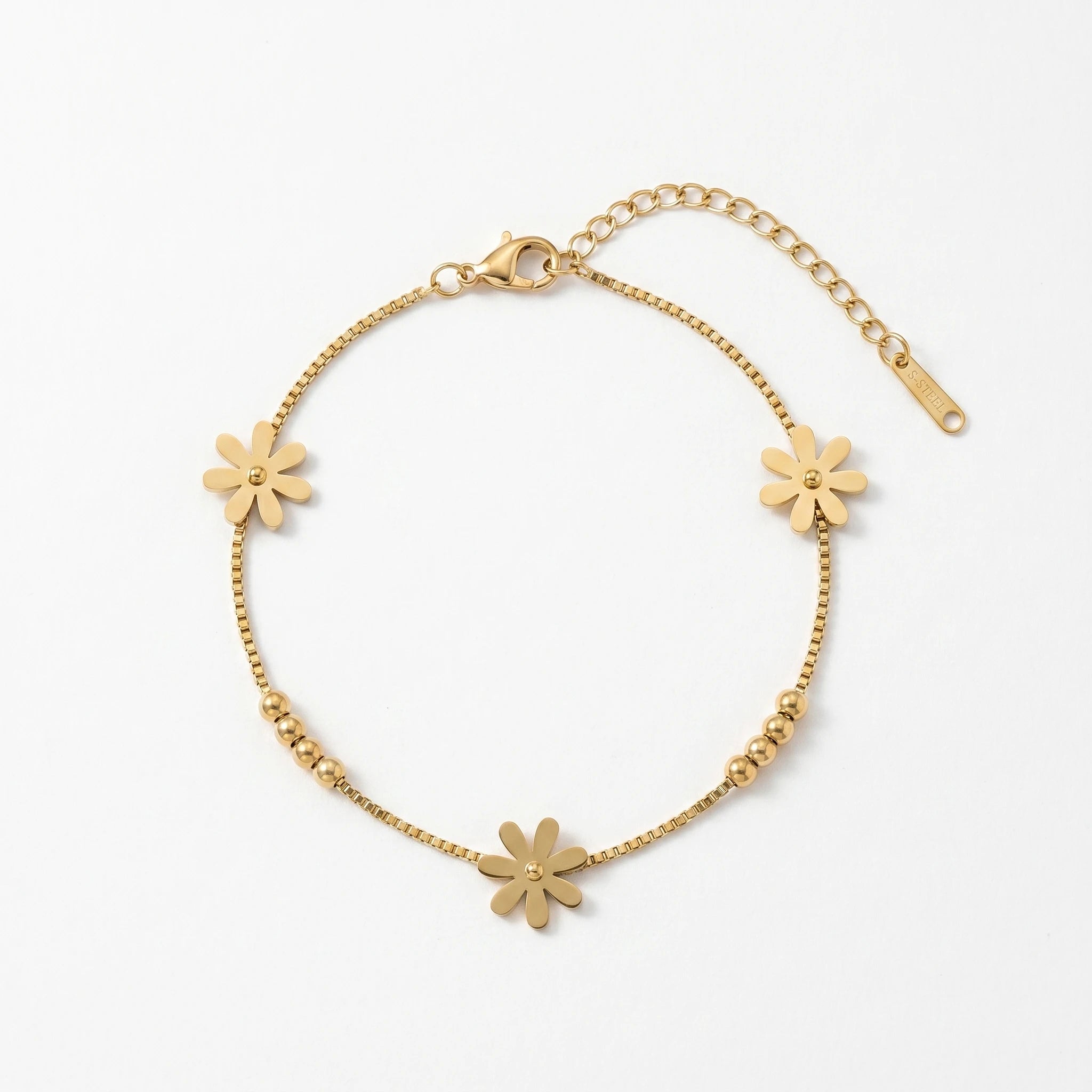 QIAOREN 11946 Elegant Boho Daisy Charm Bracelet Gold Stainless Steel Box Chain Beaded Floral Jewelry for Women EU US Hot Sell
