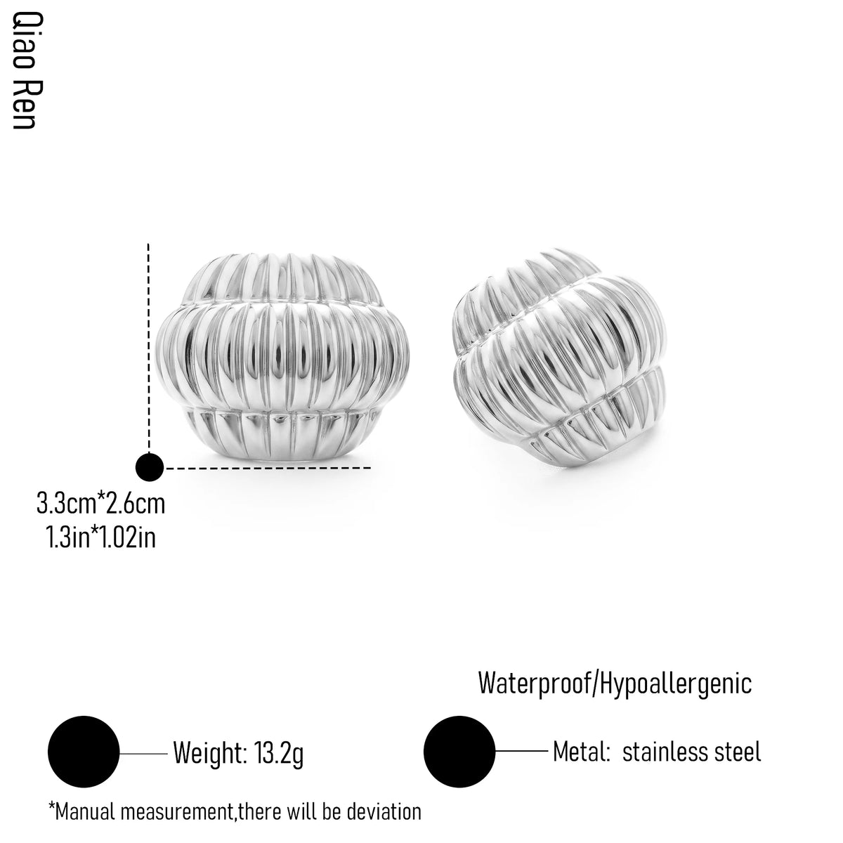 QIAOREN 14049  Polished Gold Vertical Fluted Oval Stud Earrings, Ribbed Textured Chunky Dome Ear Stud Jewelry Gift