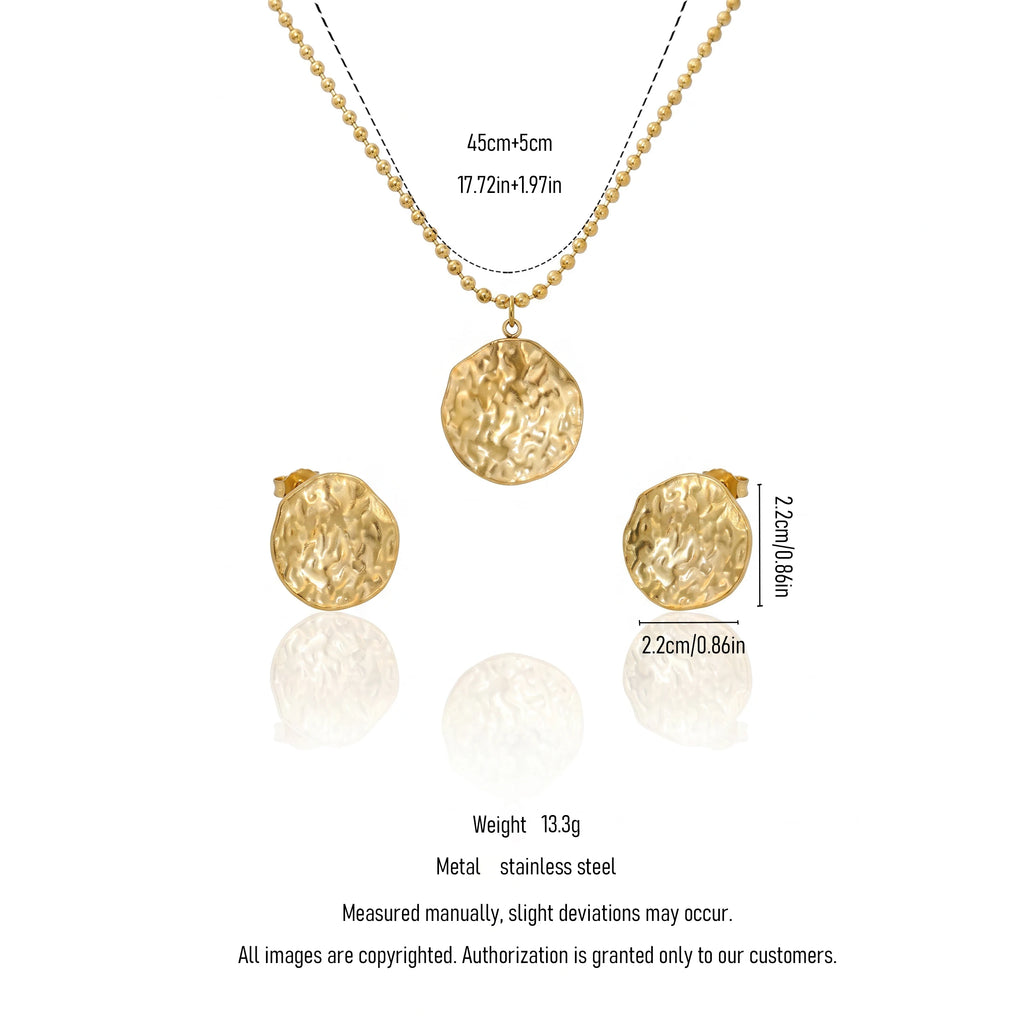 QIAOREN 11694 Tarnish Free 18K Gold Stainless Steel Hammered Disc Jewelry Set Ball Chain Necklace & Stud Earrings