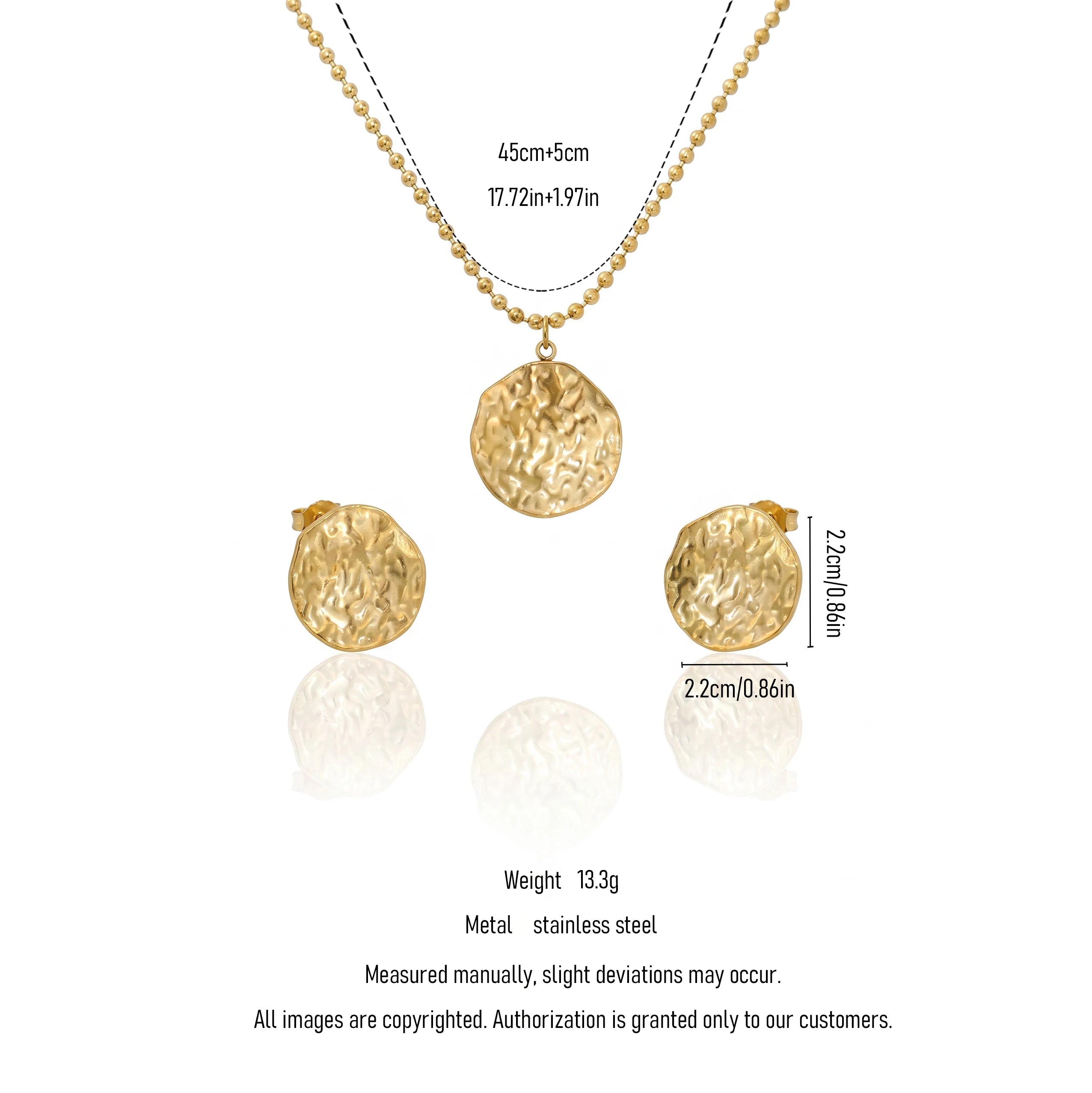 QIAOREN 11694 Tarnish Free 18K Gold Stainless Steel Hammered Disc Jewelry Set Ball Chain Necklace & Stud Earrings