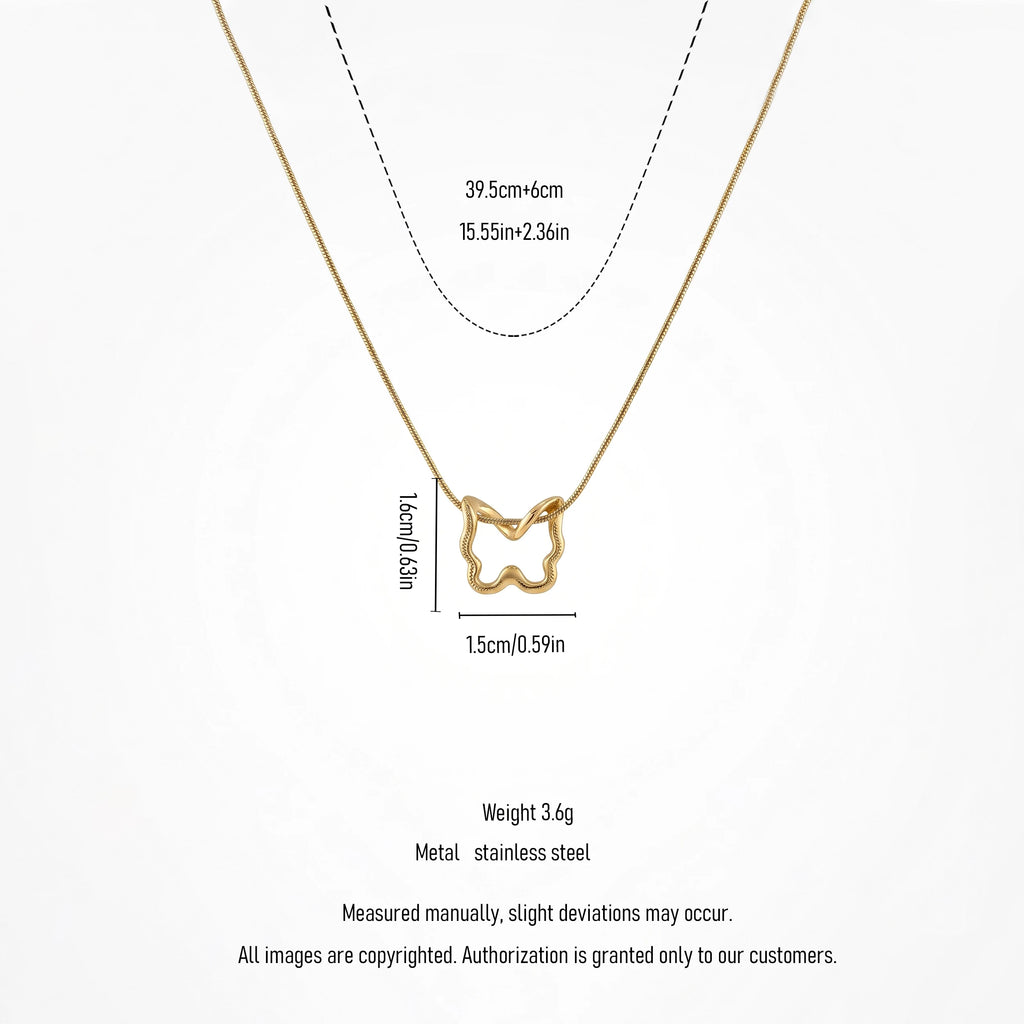 QIAOREN 13802 Thin Snake Chain Hollow Outline Butterfly Pendant Necklace with Beaded Border Texture Frame, Polished Matte Gold