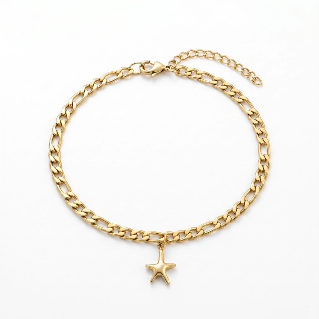 QIAOREN 11091 Stainless Steel Starfish Anklet Gold Chain Beach Style Waterproof Summer Foot Jewelry for Women Gift