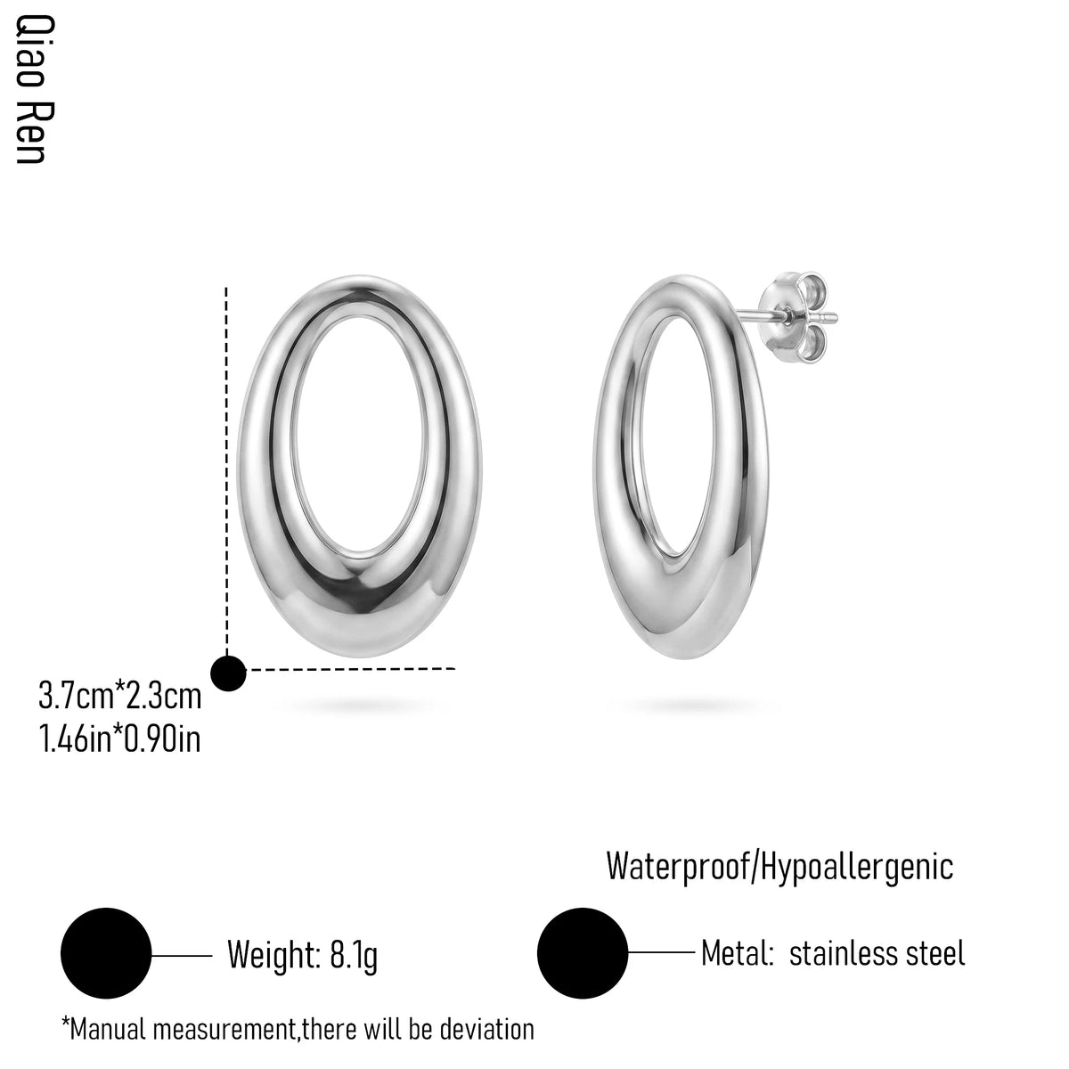 QIAOREN 14055 Polished Gold Chunky Oval Hollow Stud Earrings, Thick Tube Open Oval Hoop Ear Stud Jewelry Gift