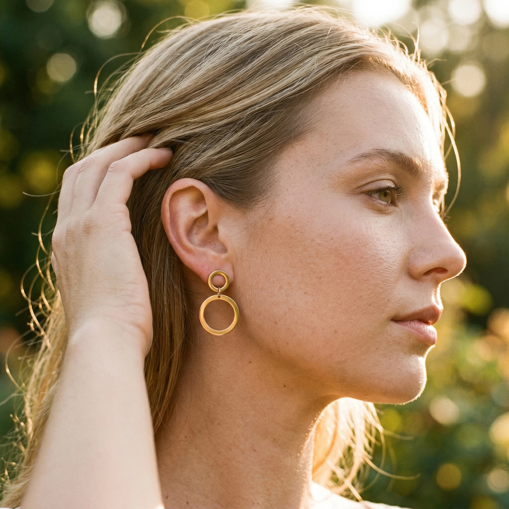 QIAOREN 11192 Chic Double Circle Stud Earrings Waterproof Stainless Steel Gold Earrings European Style Jewelry