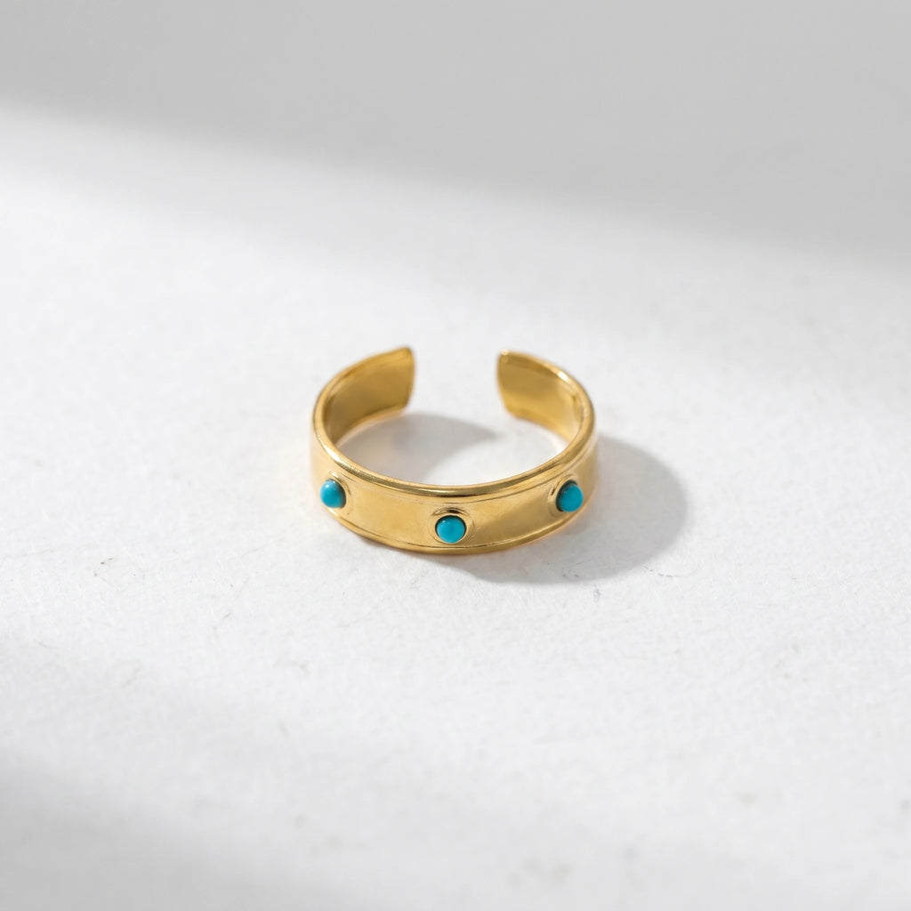 QIAOREN 5Pcs Gold Stainless Steel Turquoise Open Ring Set Irregular Hammered Crown Adjustable Boho Stackable Rings
