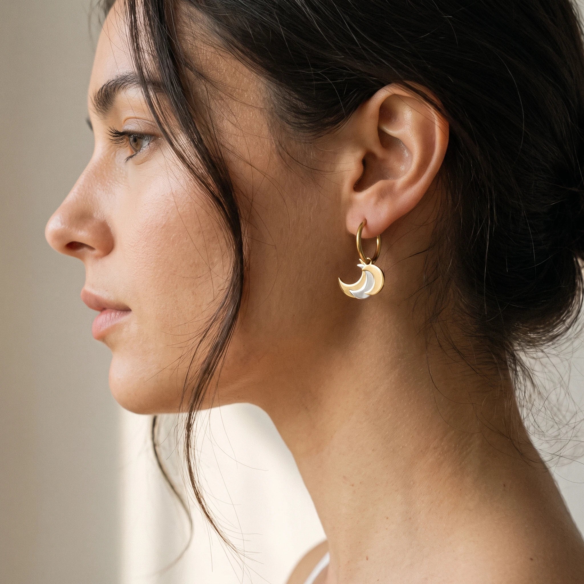 QIAOREN 14425 Two Tone Triple Crescent Moon Charm Huggie Hoop Earrings, Stainless Steel Small Hoop Earrings Jewelry Gift