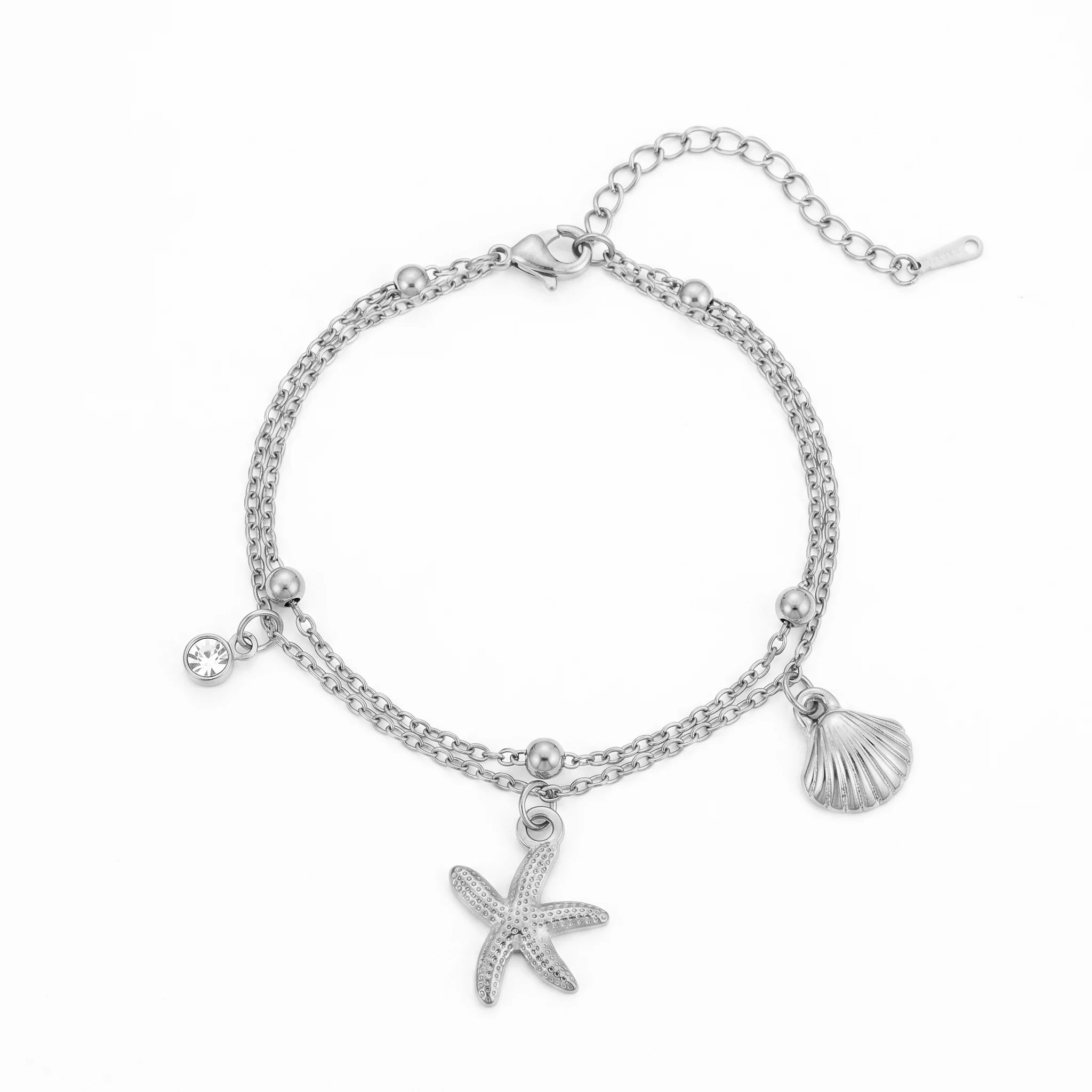 QIAOREN 11437 Dainty Boho Ocean Theme Bracelet With Starfish Seashell CZ Accent 18K Gold Plated Stainless Steel