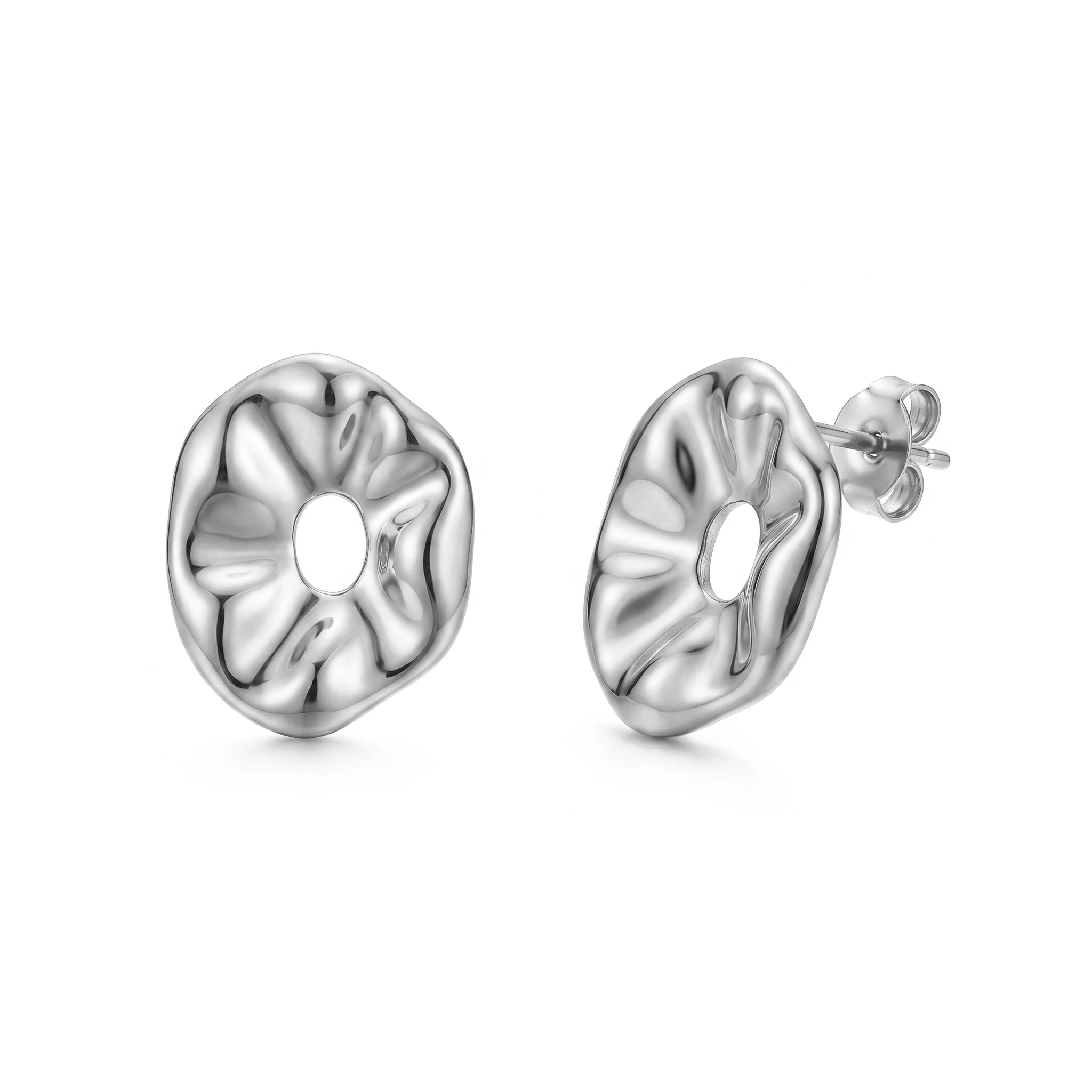QIAOREN 14029 Polished Gold Irregular Wavy Hollow Circle Stud Earrings, Crinkled Abstract Donut Shape Ear Stud Jewelry Gift