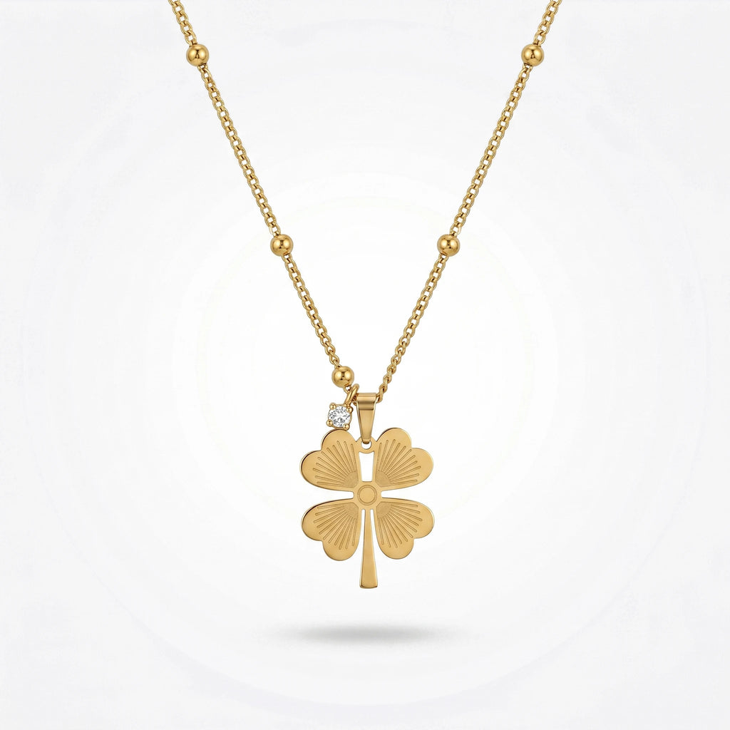 QIAOREN 12896 18K Gold Plated Four Leaf Clover Necklace, Waterproof Tarnish Free Stainless Steel Lucky Clover Satellite Chain
