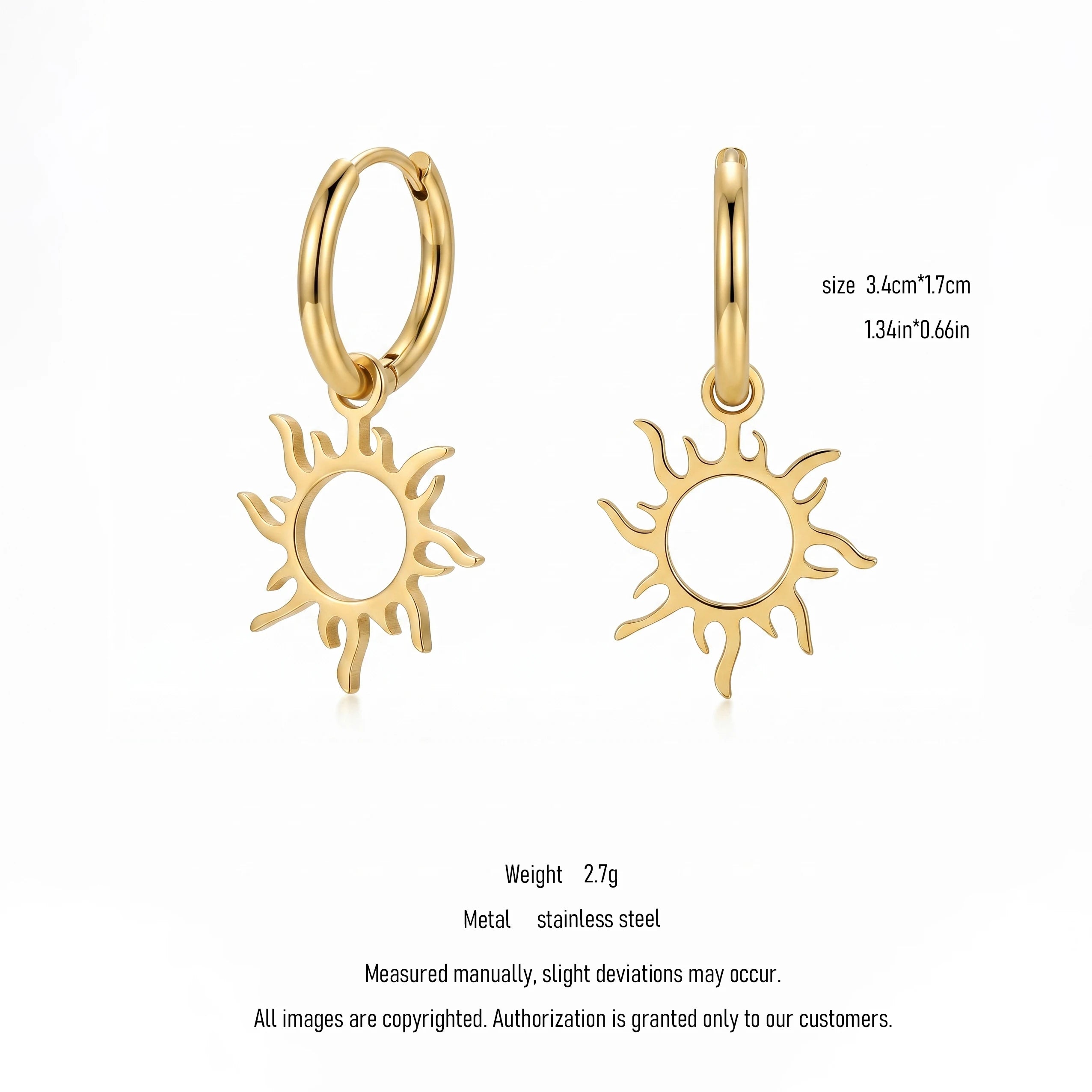 QIAOREN 10959 Stainless Steel Hollow Sun Dangle Hoops Tarnish Resistant Gold Plated Trendy Unisex 0.3mm Thick Beach Earrings