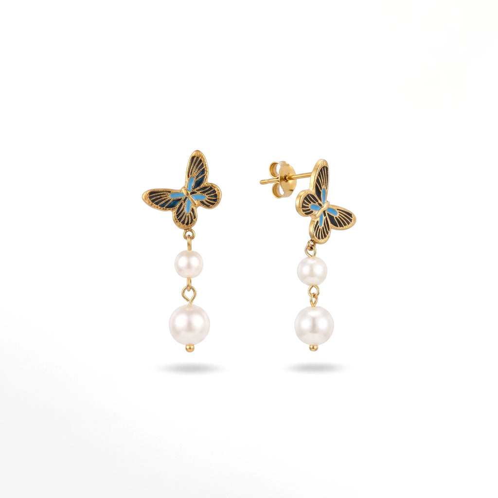 QIAOREN 13444 Gold Tone Butterfly Double Pearl Drop Stud Earrings Vintage Blue Black Insect Dangle Ear Jewelry Gift