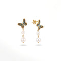QIAOREN 13444 Gold Tone Butterfly Double Pearl Drop Stud Earrings Vintage Blue Black Insect Dangle Ear Jewelry Gift