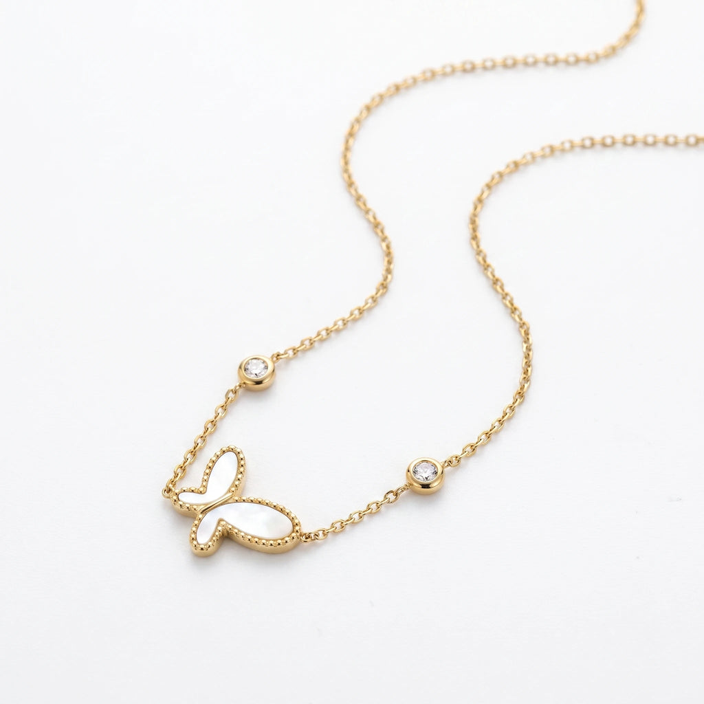 QIAOREN 13710 Thin Cable Chain Necklace with Hollow Beaded Border Butterfly Inlaid White Mother of Pearl & Dual Zircon