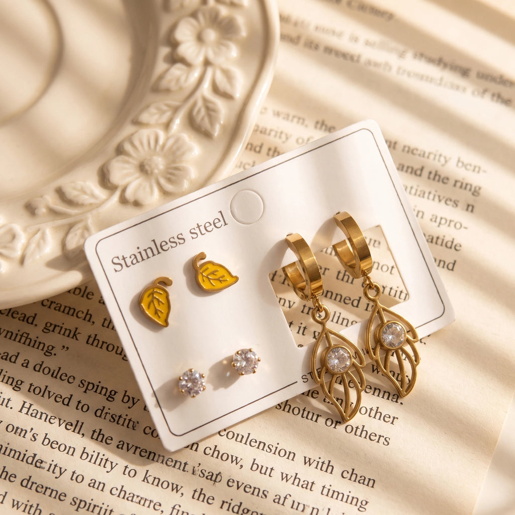 QIAOREN 14524 Waterproof Stainless Steel Earrings Set Leaf Drop Hoop Stud Earrings CZ Crystal Hypoallergenic Jewelry Women