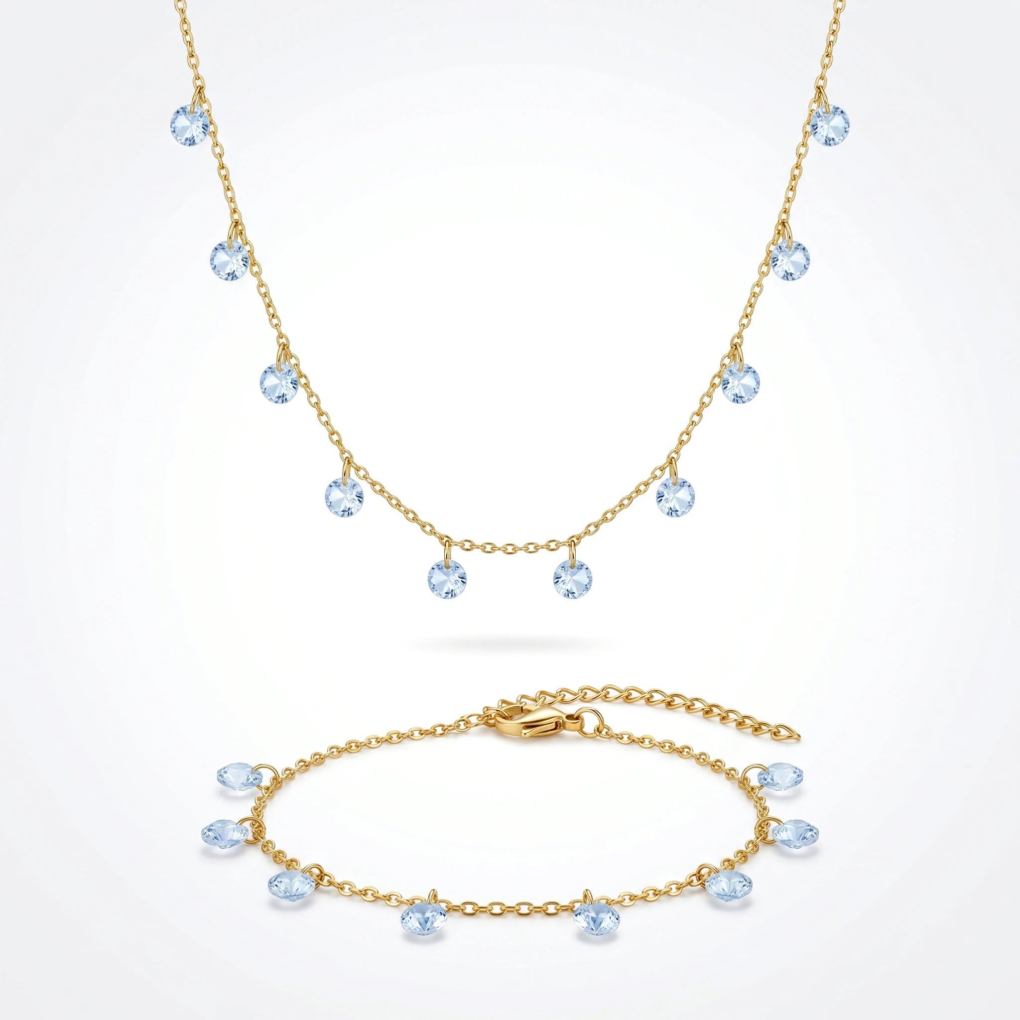 QIAOREN 11935 Waterproof Blue Zirconia Jewelry Set Stainless Steel Gold Station Dangle Necklace Bracelet Gift for Women US