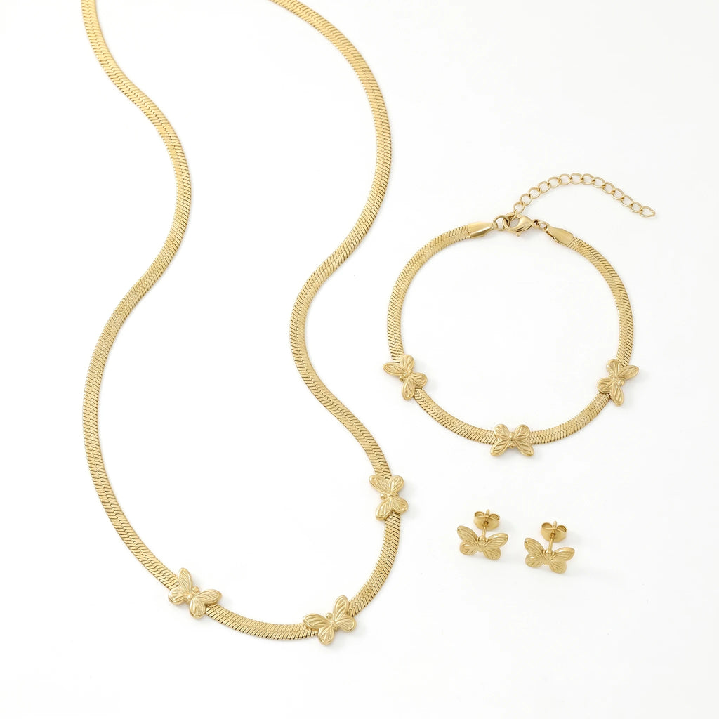 QIAOREN 11690 Tarnish Free 18K Gold Stainless Steel Butterfly Herringbone Jewelry Set Necklace Bracelet Earrings