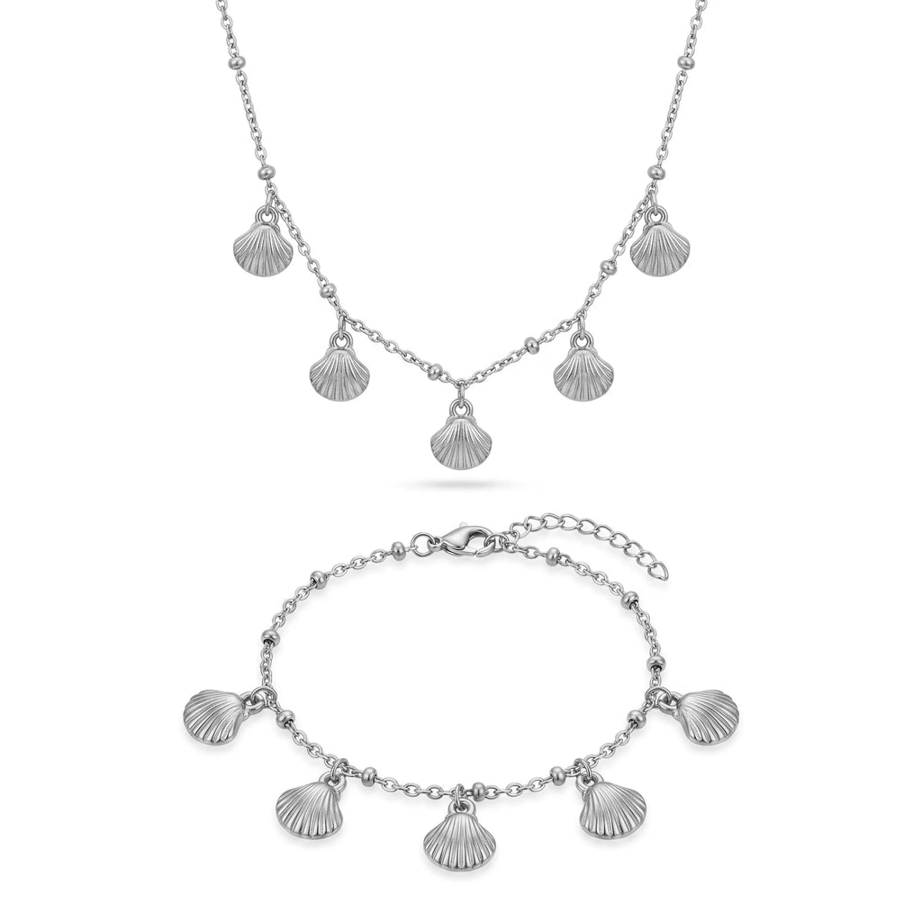 QIAOREN 12856 18K Gold Plated Stainless Steel Shell Charm Necklace Bracelet Set, Waterproof Beach Summer Jewelry for Women