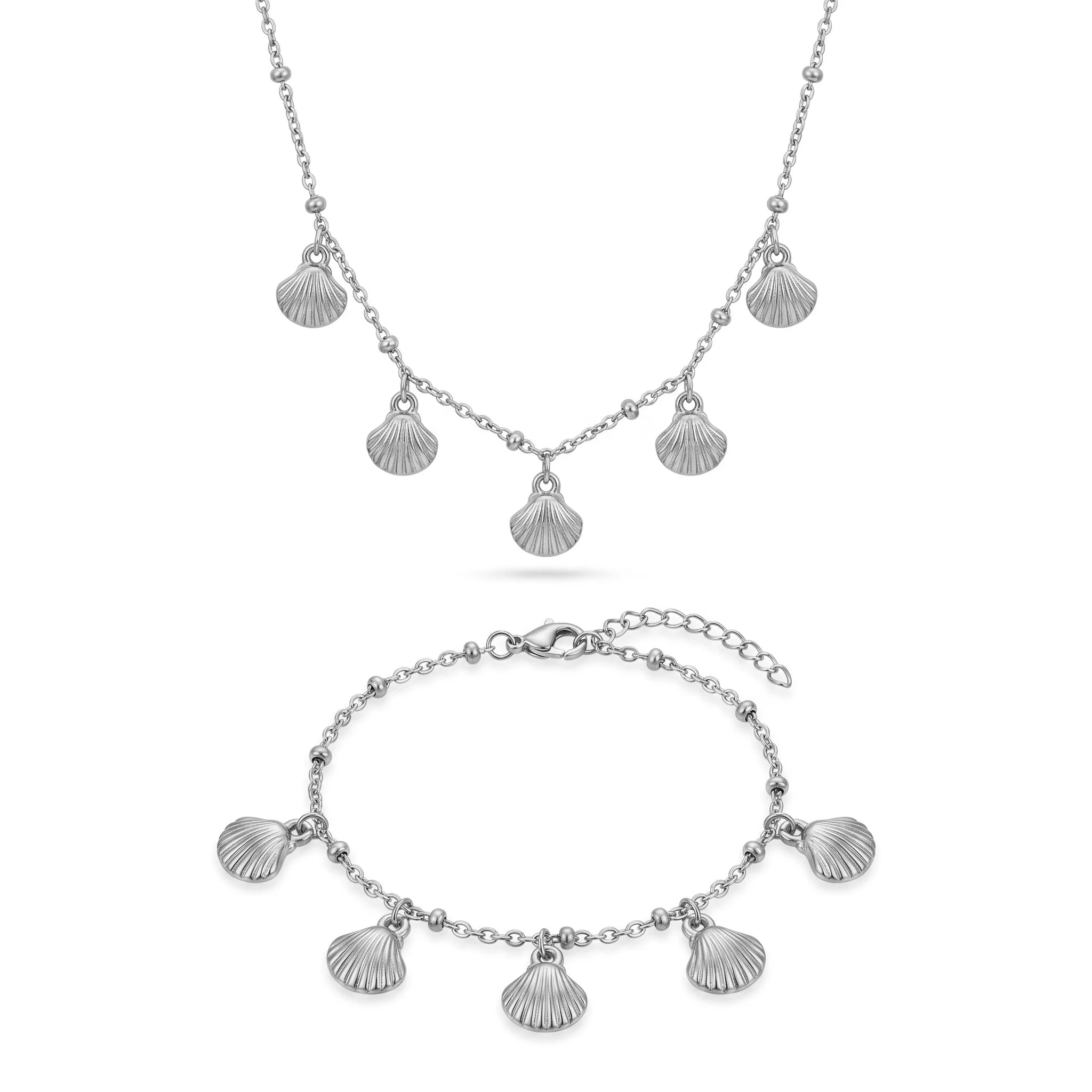 QIAOREN 12856 18K Gold Plated Stainless Steel Shell Charm Necklace Bracelet Set, Waterproof Beach Summer Jewelry for Women