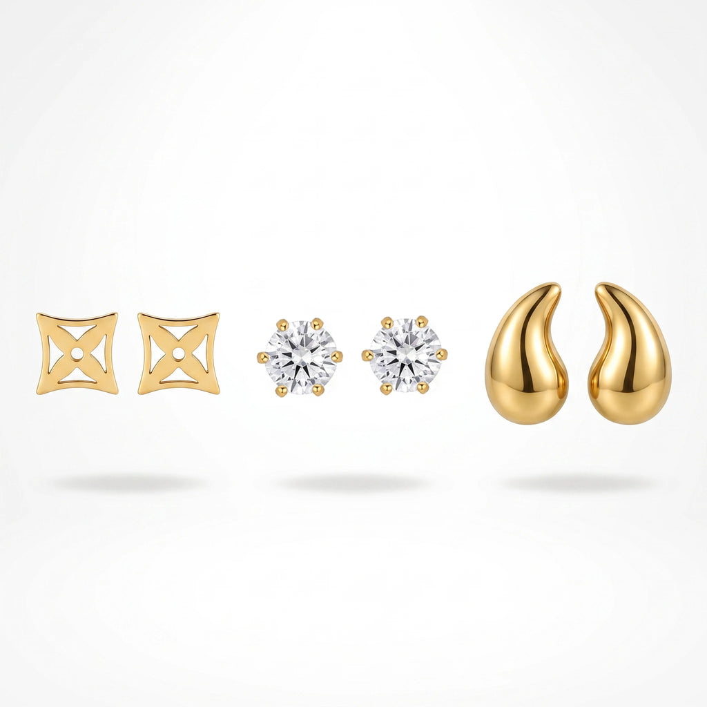 QIAOREN 13255 3 PCS Set  18K Gold Plated Stainless Steel Stud Earrings Set Hollow Square, Round CZ, Teardrop Tiny Ear Studs