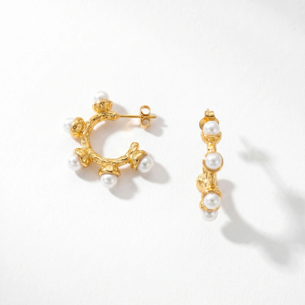 QIAOREN 12512 Tarnish Free Waterproof Molten Pearl C Hoops Gold Stainless Steel Textured Statement Earrings Women US EU