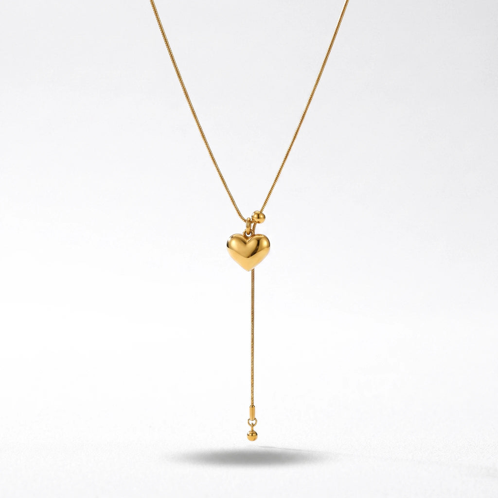 QIAOREN 12917 18K Gold Plated 316L Stainless Steel Puffed Heart Y Necklace Waterproof Tarnish Free Snake Chain Lariat Jewelry