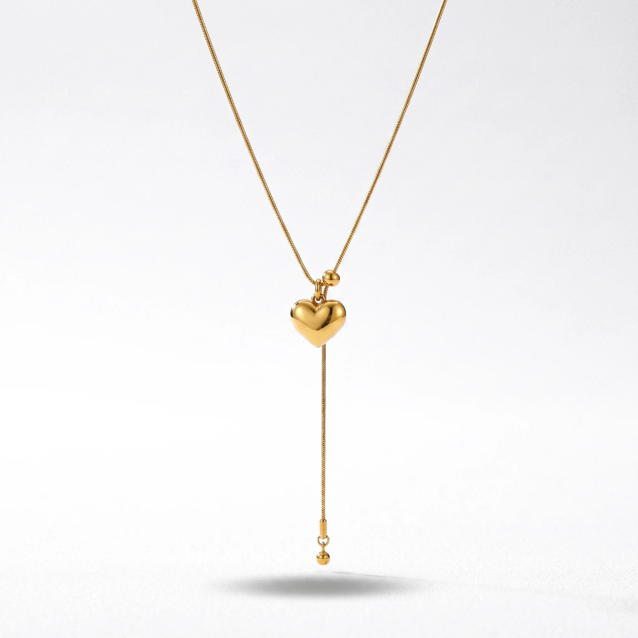 QIAOREN 12917 18K Gold Plated 316L Stainless Steel Puffed Heart Y Necklace Waterproof Tarnish Free Snake Chain Lariat Jewelry