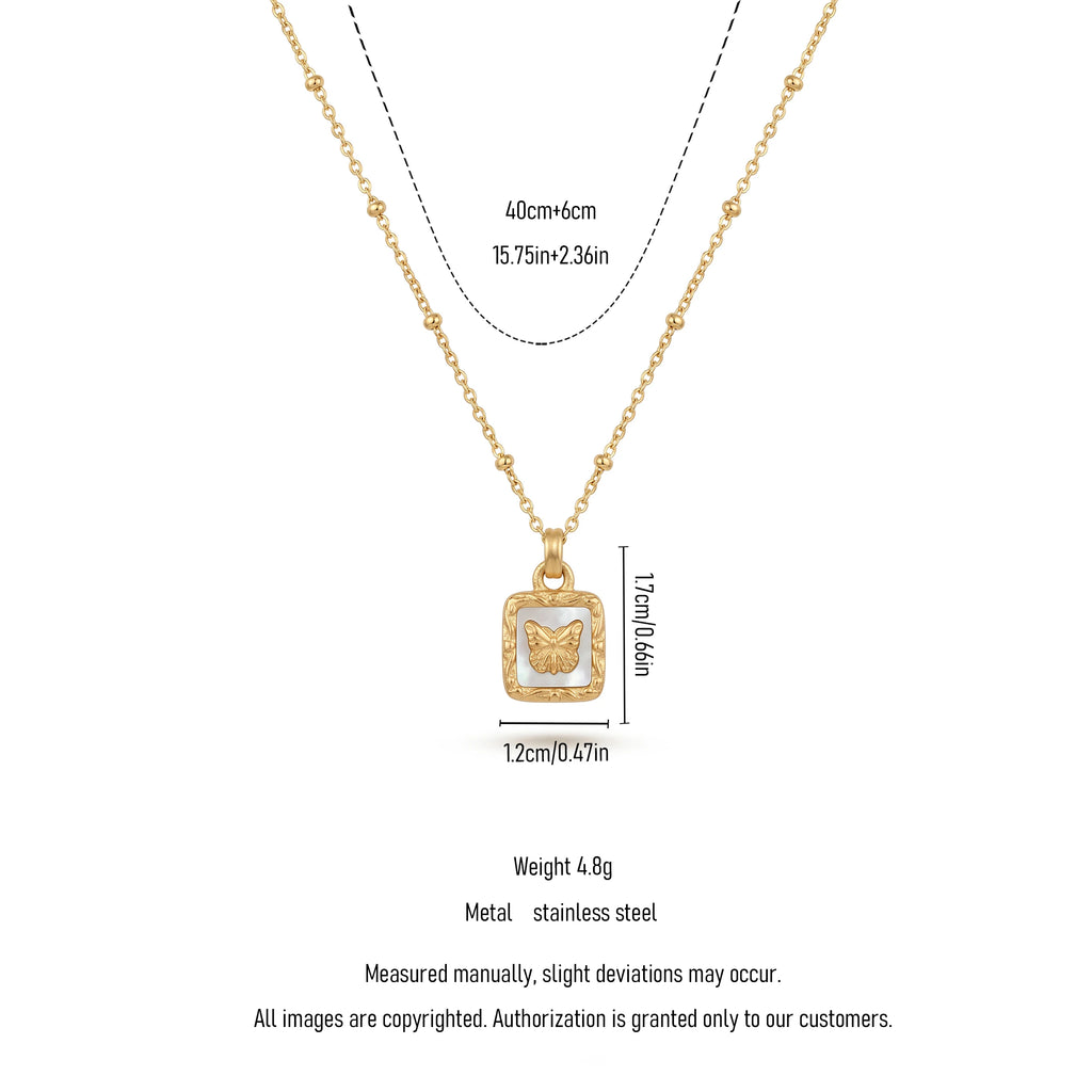 QIAOREN 13478 Vintage Square White Shell Butterfly Pendant Necklace with Beaded Ball Chain, Dainty Gold Neck Jewelry Gift