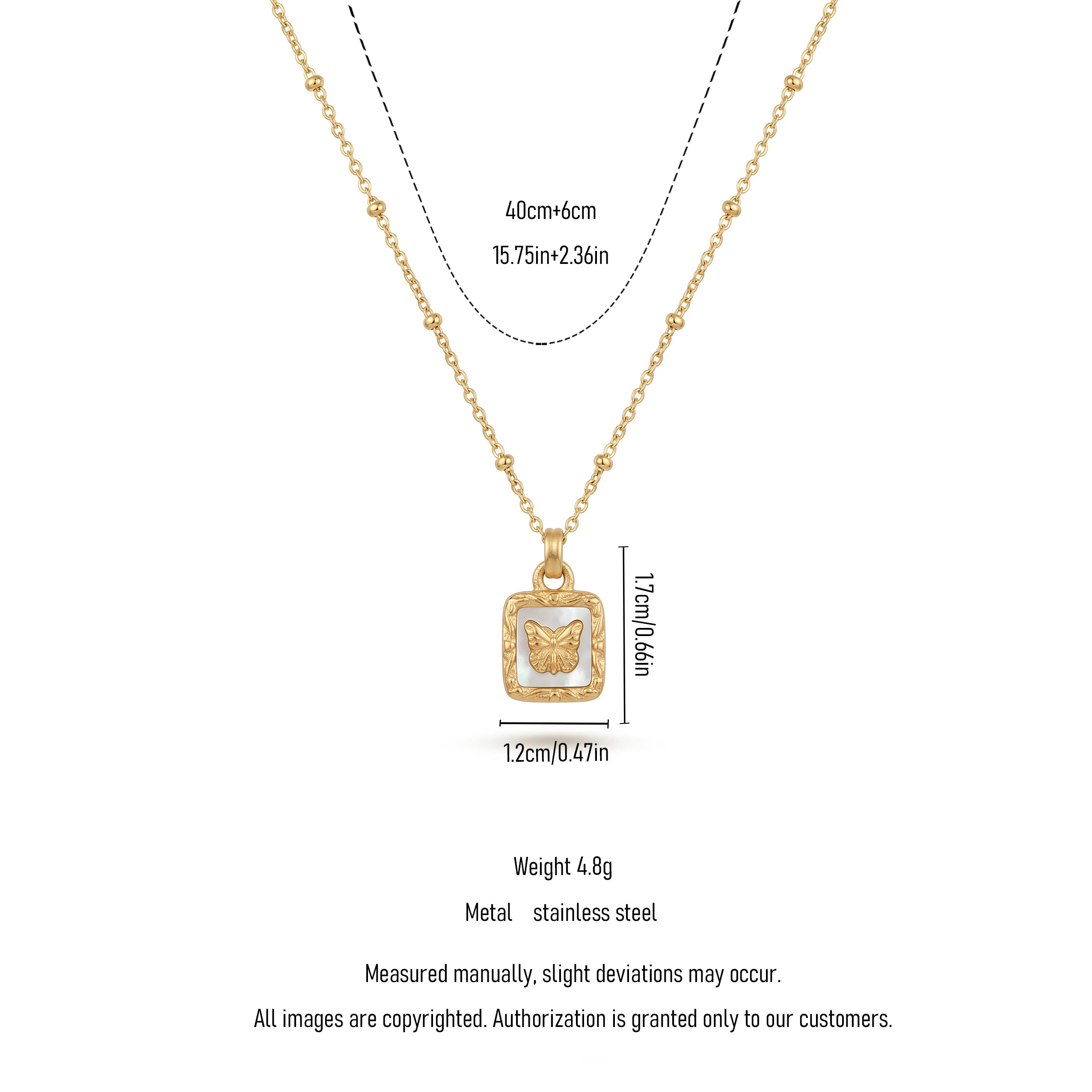 QIAOREN 13478 Vintage Square White Shell Butterfly Pendant Necklace with Beaded Ball Chain, Dainty Gold Neck Jewelry Gift