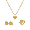 QIAOREN 11525 Textured Heart Jewelry Set Stainless Steel Waterproof Necklace Earrings Ring for Daily & Party