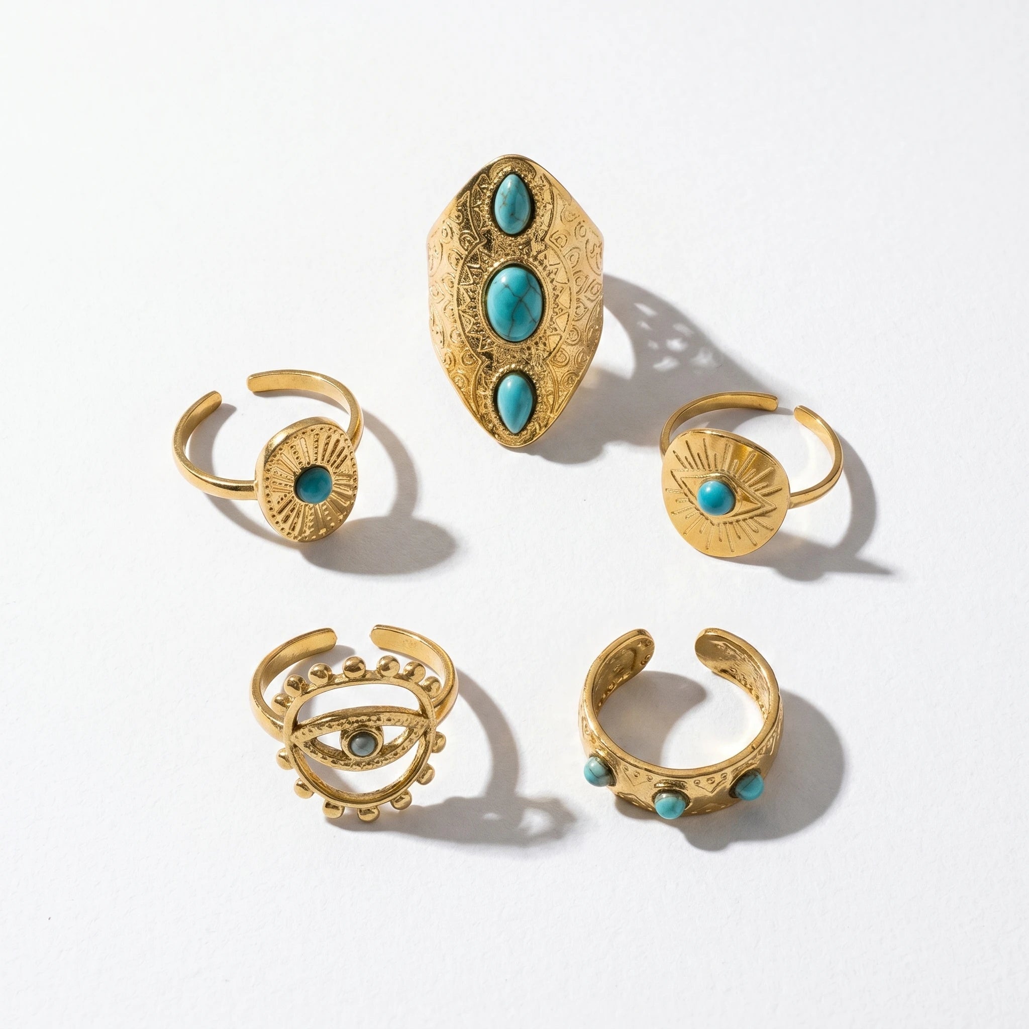 QIAOREN 10033 Stainless Steel Boho Turquoise Adjustable Ring Set Vintage Stackable Knuckle Rings Western Jewelry for Women
