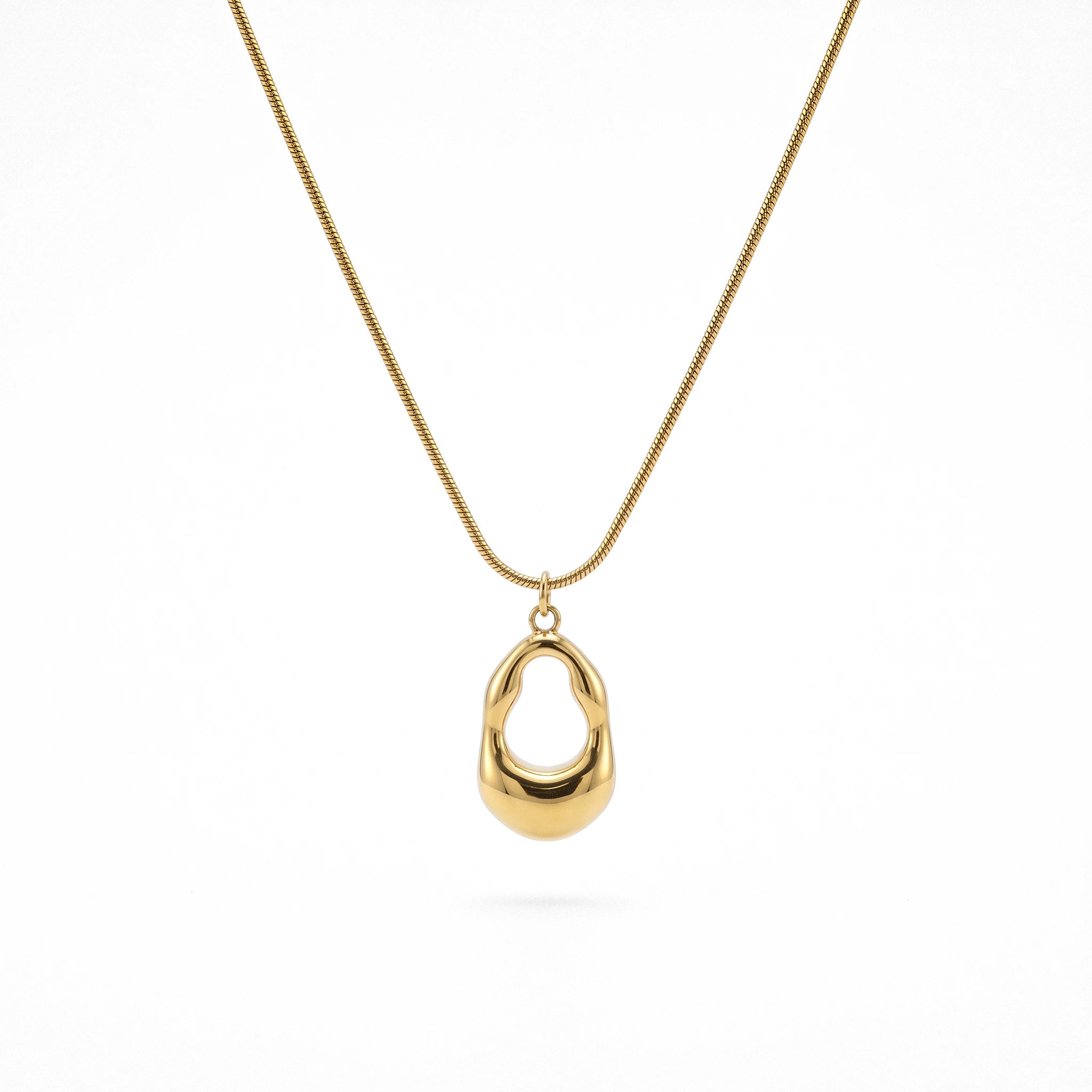 QIAOREN 13750 Thin Snake Chain Pendant Necklace with Smooth Hollow Teardrop Oval Loop Charm, Polished Gloss Jewelry