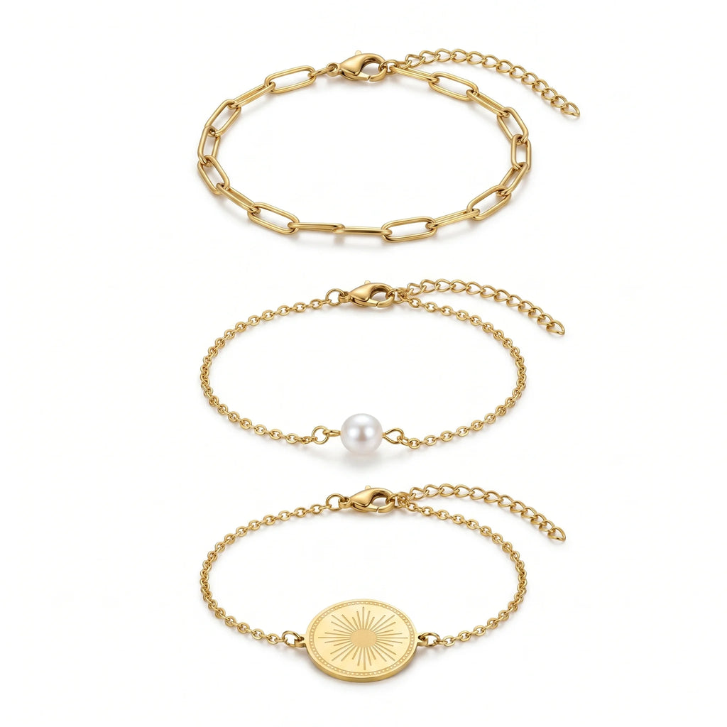QIAOREN 11530 18K Gold Plated 3Pcs Sunburst Coin Pearl Paperclip Bracelet Set Stainless Steel Tarnish Free