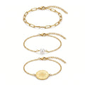 QIAOREN 11530 18K Gold Plated 3Pcs Sunburst Coin Pearl Paperclip Bracelet Set Stainless Steel Tarnish Free