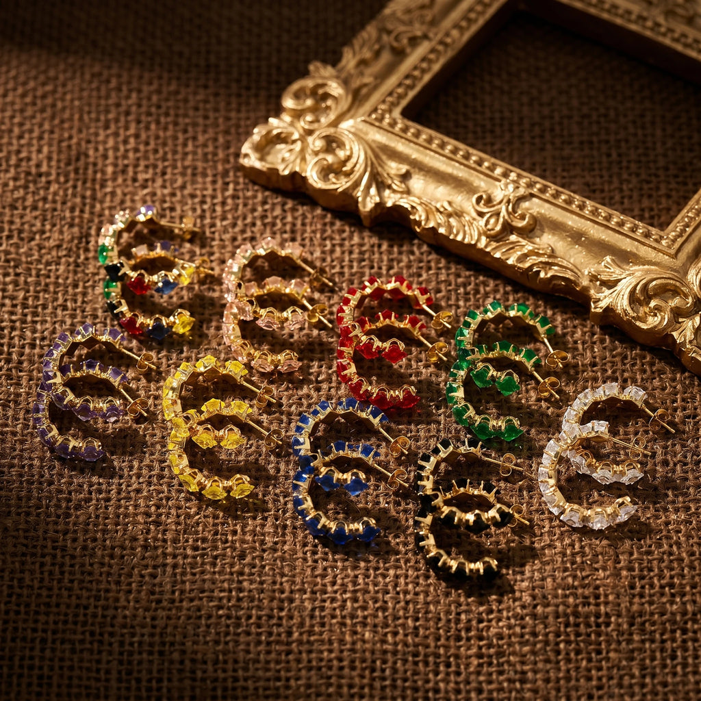 QIAOREN 12208-16  Gold Plated Stainless Steel Rainbow Square CZ Huggie Hoop Earrings