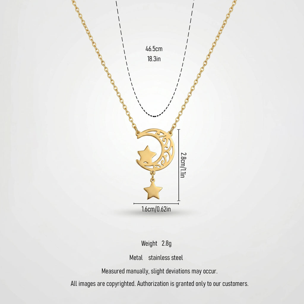 QIAOREN 11952 Elegant Boho Celestial Moon Star Pendant Necklace Gold Stainless Steel Hollow Filigree Jewelry Gift for Women