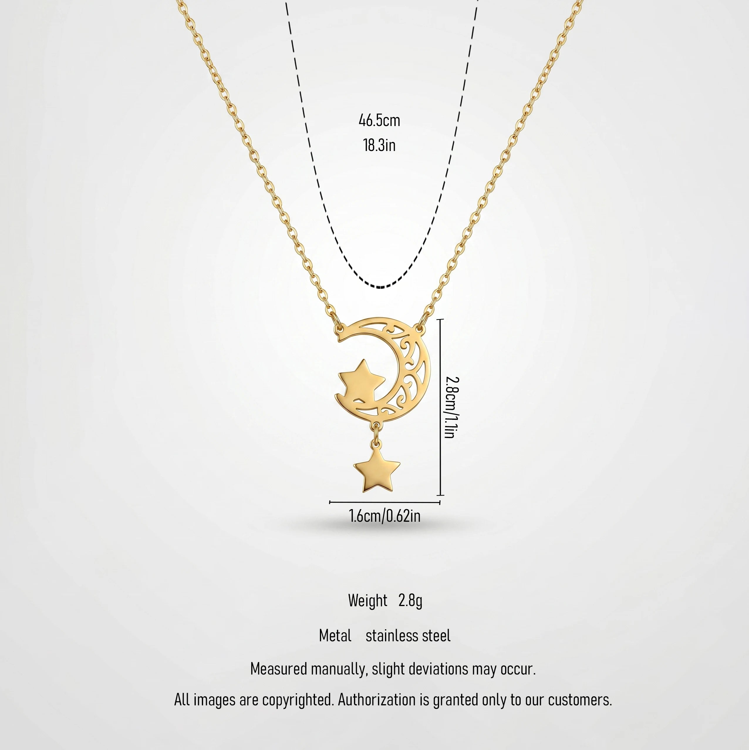 QIAOREN 11952 Elegant Boho Celestial Moon Star Pendant Necklace Gold Stainless Steel Hollow Filigree Jewelry Gift for Women