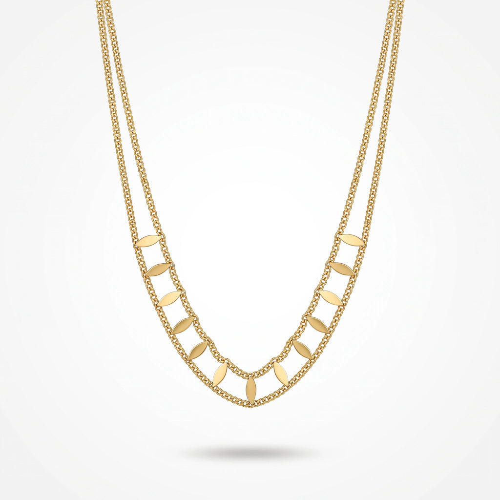 QIAOREN 13935 Double Layer Curb Chain Necklace with Marquise Leaf Shape Dangling Slice Charms, Polished Gold Stackable Leaf