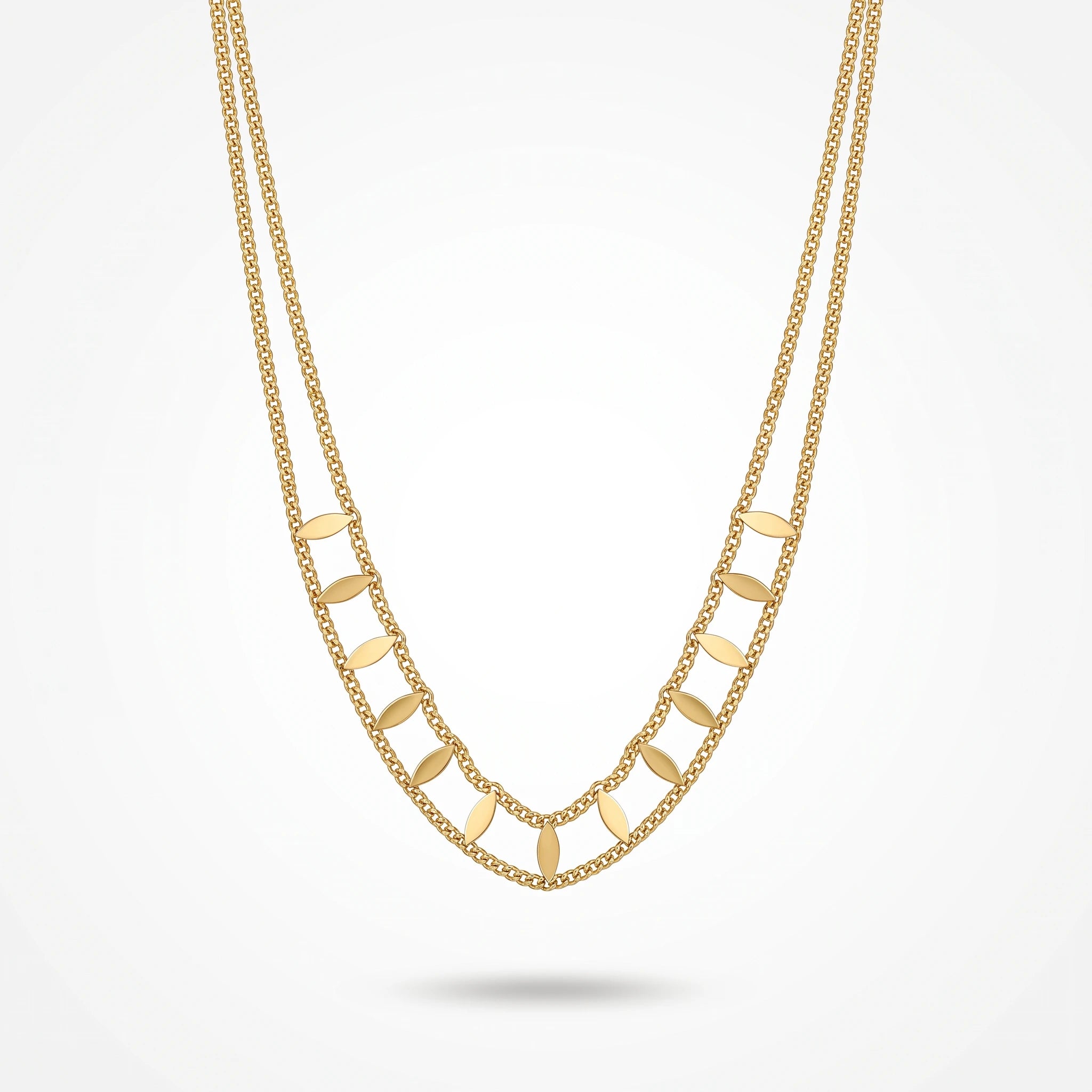 QIAOREN 13935 Double Layer Curb Chain Necklace with Marquise Leaf Shape Dangling Slice Charms, Polished Gold Stackable Leaf