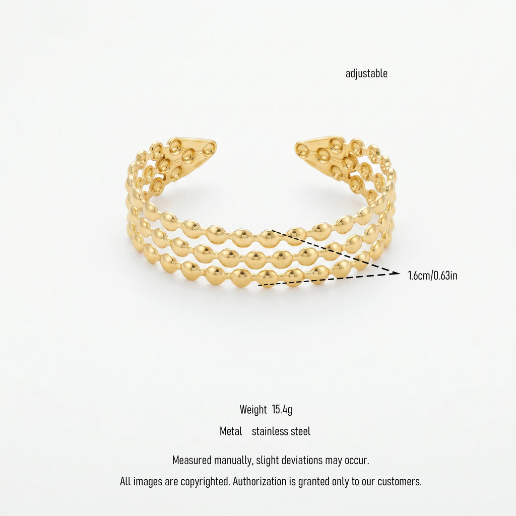 QIAOREN 12695 Classic Parallel Tiny Gold Bead Wide Open Gold Bangle Hypoallergenic Stainless Steel Hollow Stackable Bracelet