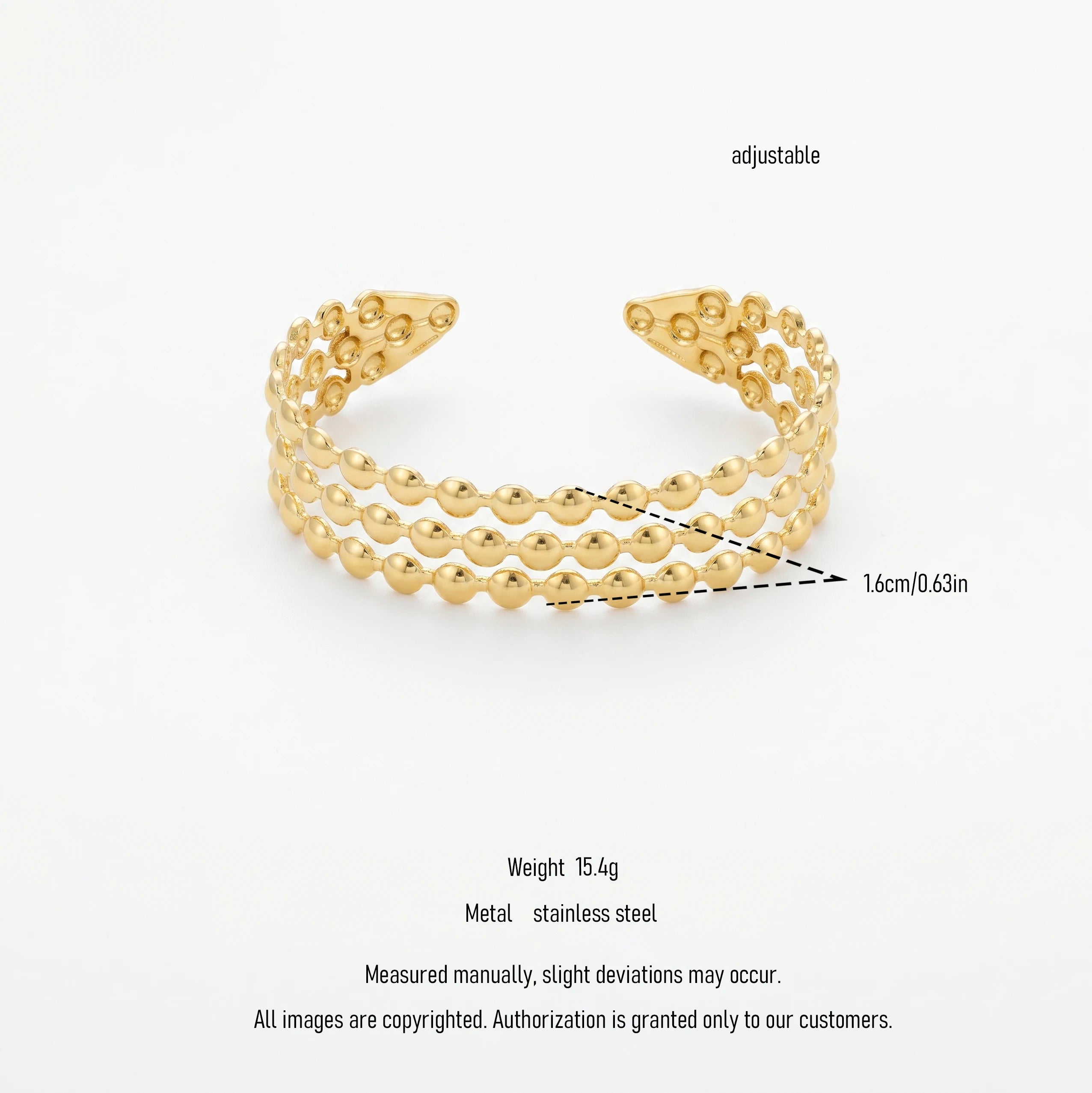 QIAOREN 12695 Classic Parallel Tiny Gold Bead Wide Open Gold Bangle Hypoallergenic Stainless Steel Hollow Stackable Bracelet