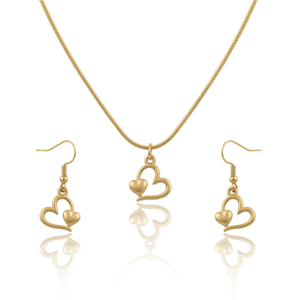 QIAOREN 11573 Minimalist Romantic Double Heart Jewelry Set, 18K Gold Stainless Steel Snake Chain Necklace Dangle Earrings