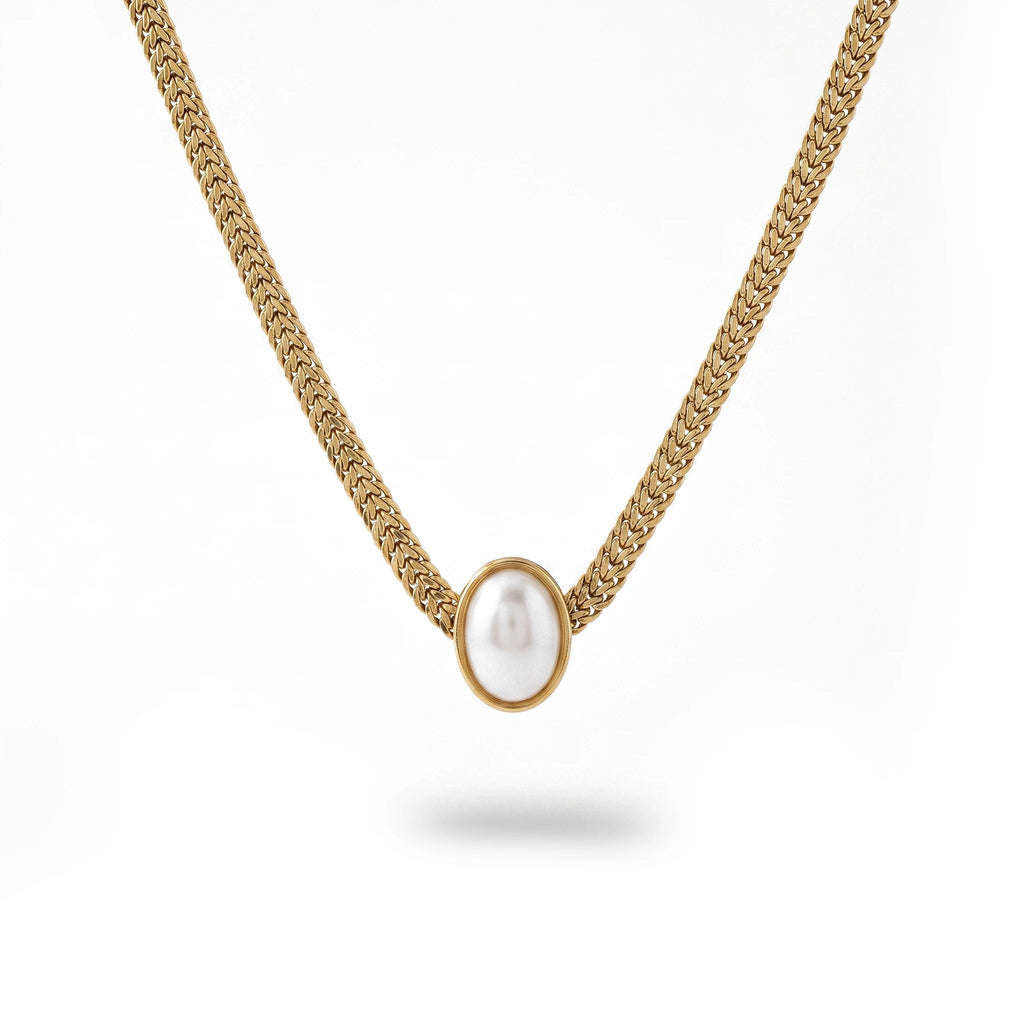 QIAOREN 13948 Stainless Steel Oval Pearl Pendant Wheat Chain Necklace Waterproof Hypoallergenic Jewelry for Women