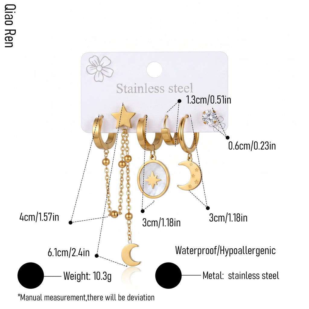 QIAOREN 14477 Stainless Steel Gold Moon Star Dangle Huggie Hoop Earrings Set, Shell Oval Star Pendant Tassel Chain Ear Jewelry