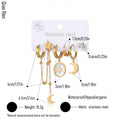 QIAOREN 14477 Stainless Steel Gold Moon Star Dangle Huggie Hoop Earrings Set, Shell Oval Star Pendant Tassel Chain Ear Jewelry