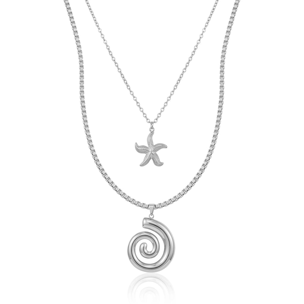 QIAOREN 11511 Stainless Steel Double Layer Necklace Starfish Conch Pendant Box Chain Adjustable Gold Beach Jewelry for Women