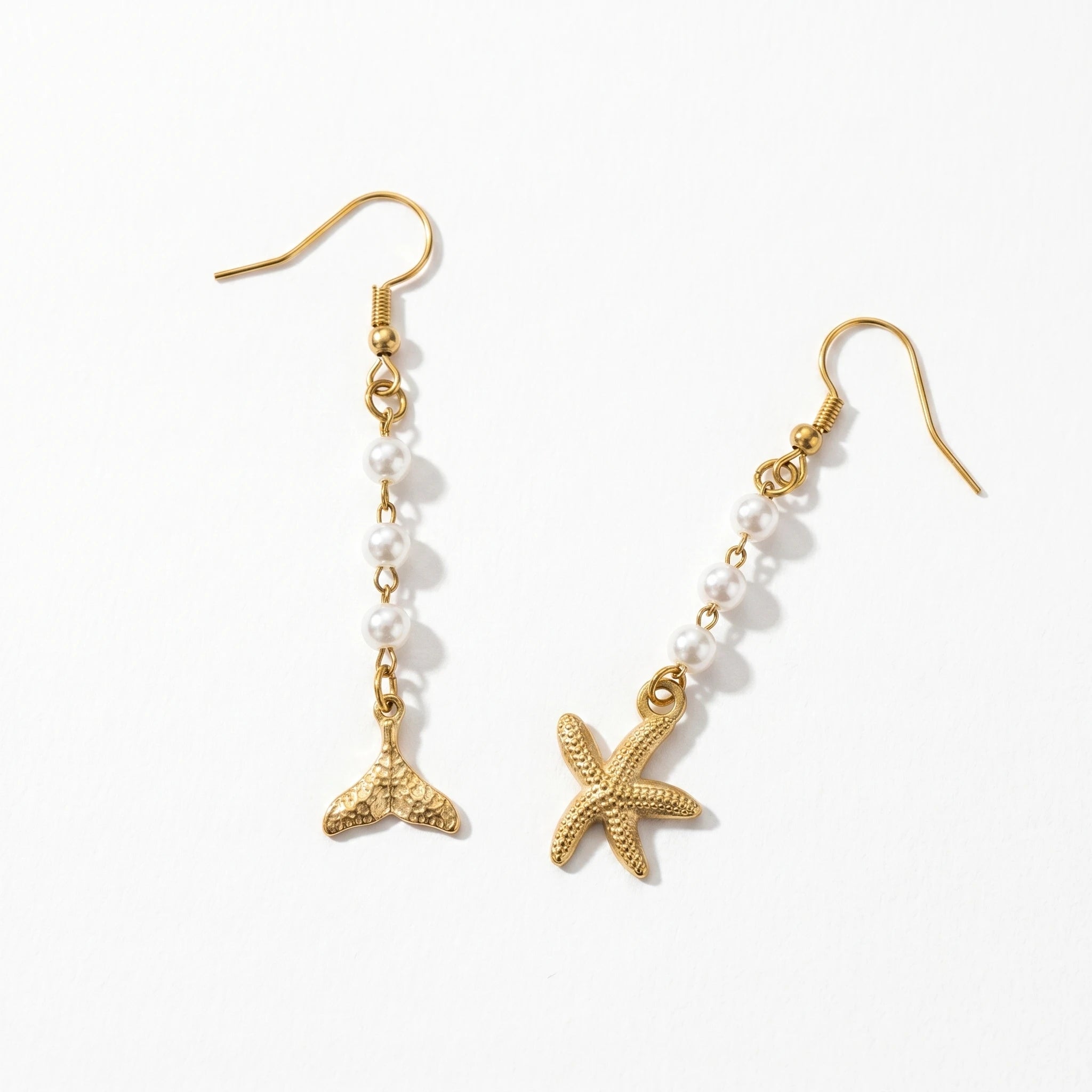 QIAOREN 10831 Waterproof Stainless Steel Ocean Theme Earrings Gold Plated Pearl Beach Jewelry