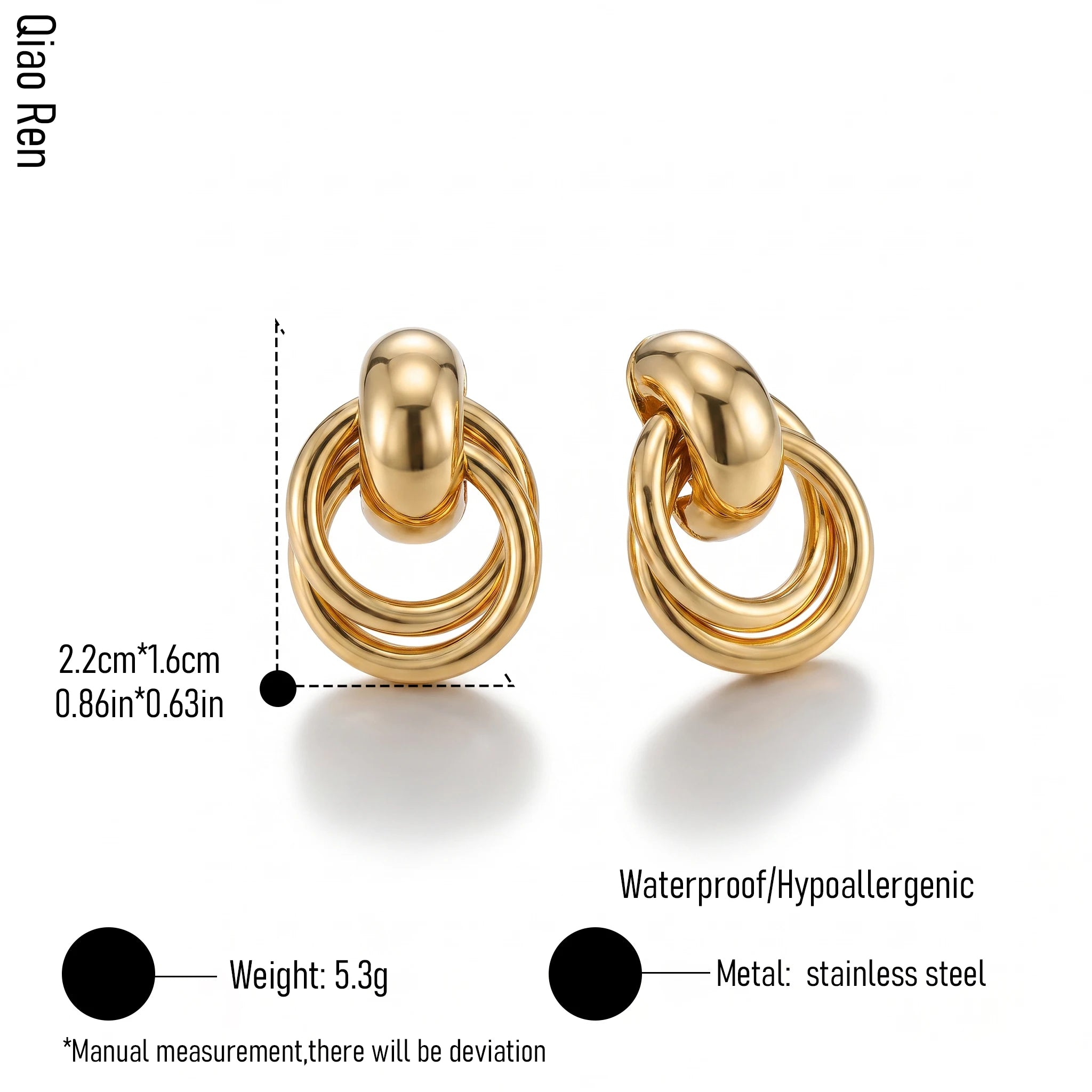 QIAOREN 14536 Interlocking Knot Hoop Stud Earrings, Polished Gold Geometric Metal Earrings Hypoallergenic Jewelry Gift