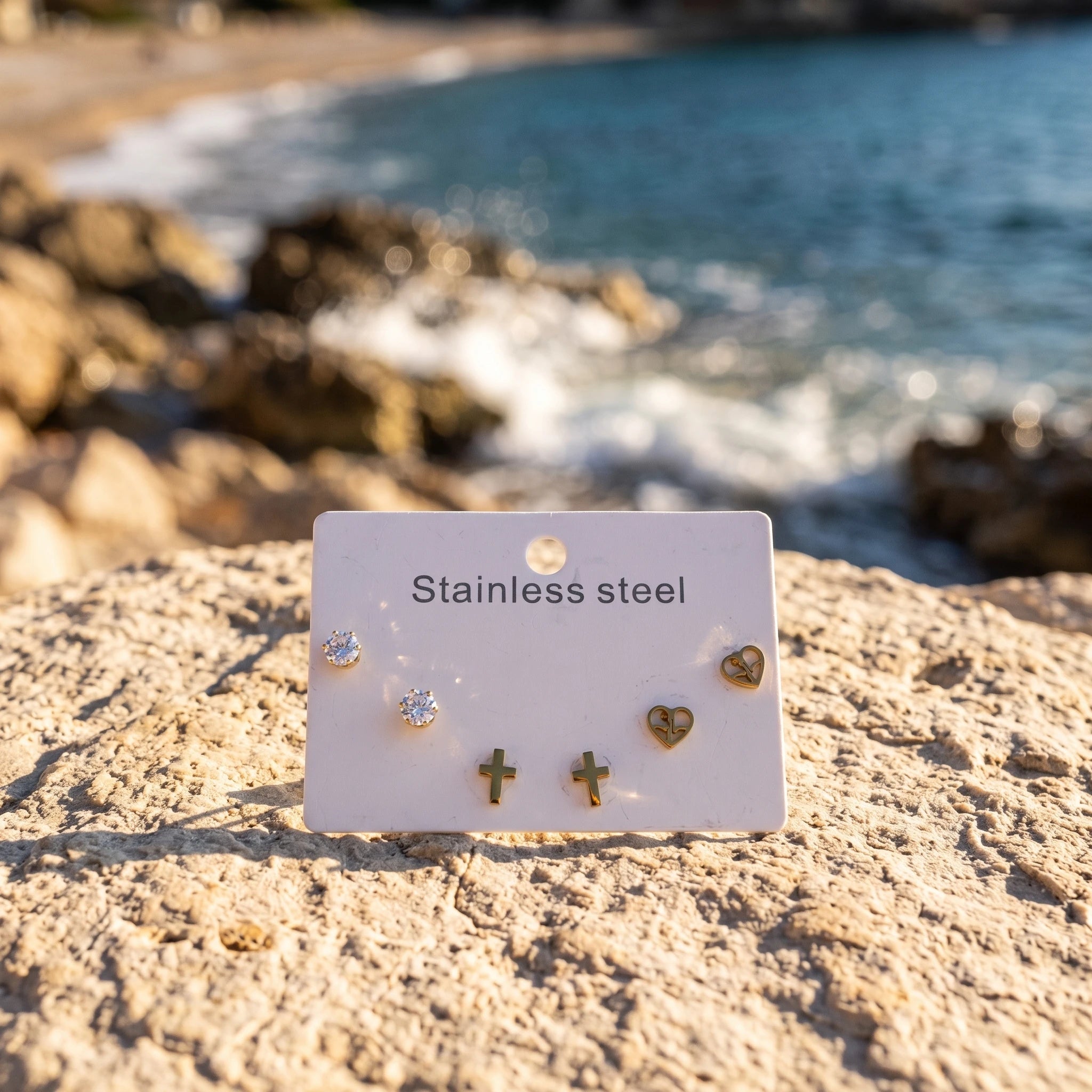 QIAOREN 14495 3 Pcs Cross Heart Stainless Steel Cz Ear Stud Earrings Set, , Gold Multi Style Mini Cartilage Earrings Jewelry
