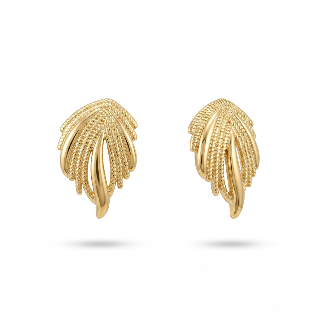 QIAOREN 14017 Polished Gold Twisted Rope Textured Leaf  Earrings, Hollow Layered Feather Shape Ear Stud Jewelry Gift