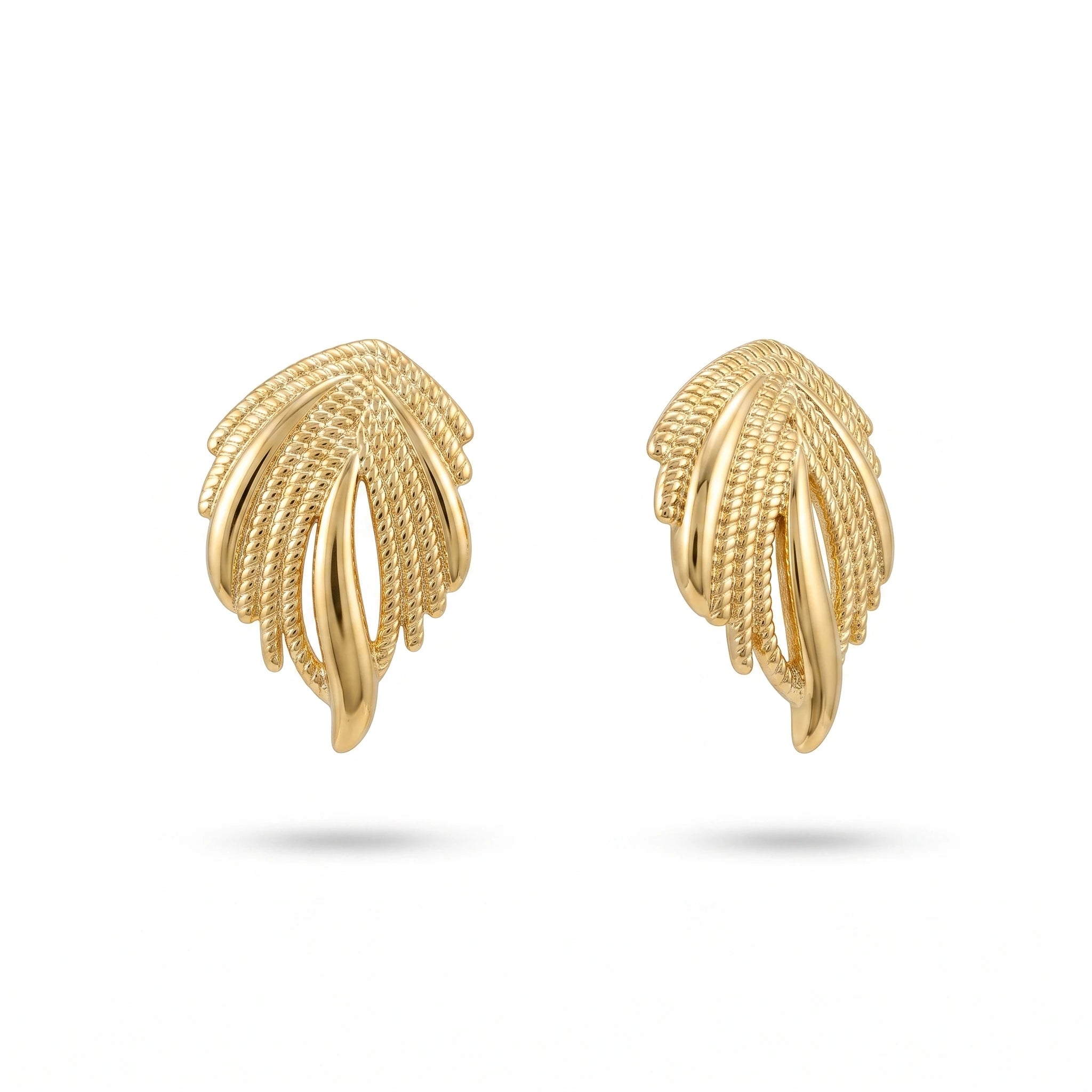 QIAOREN 14017 Polished Gold Twisted Rope Textured Leaf  Earrings, Hollow Layered Feather Shape Ear Stud Jewelry Gift